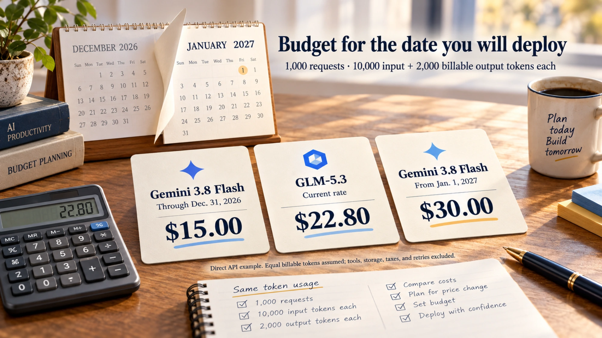 Budget cards compare a matched-token workload across Gemini’s current and announced rates and GLM’s current rate.