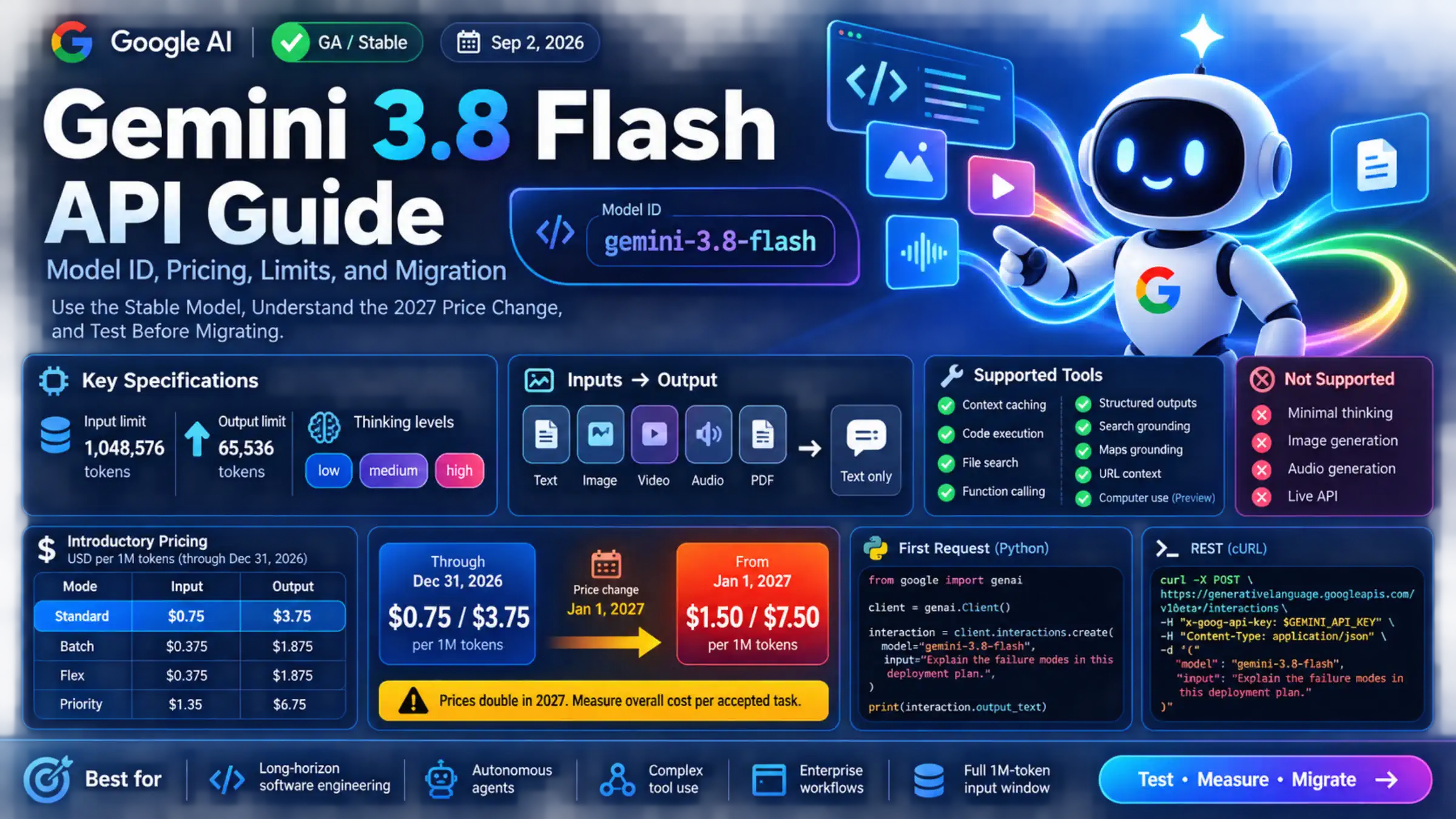 Gemini 3.8 Flash English API dashboard with stable model ID, official limits, supported tools, pricing, first request, and migration guidance