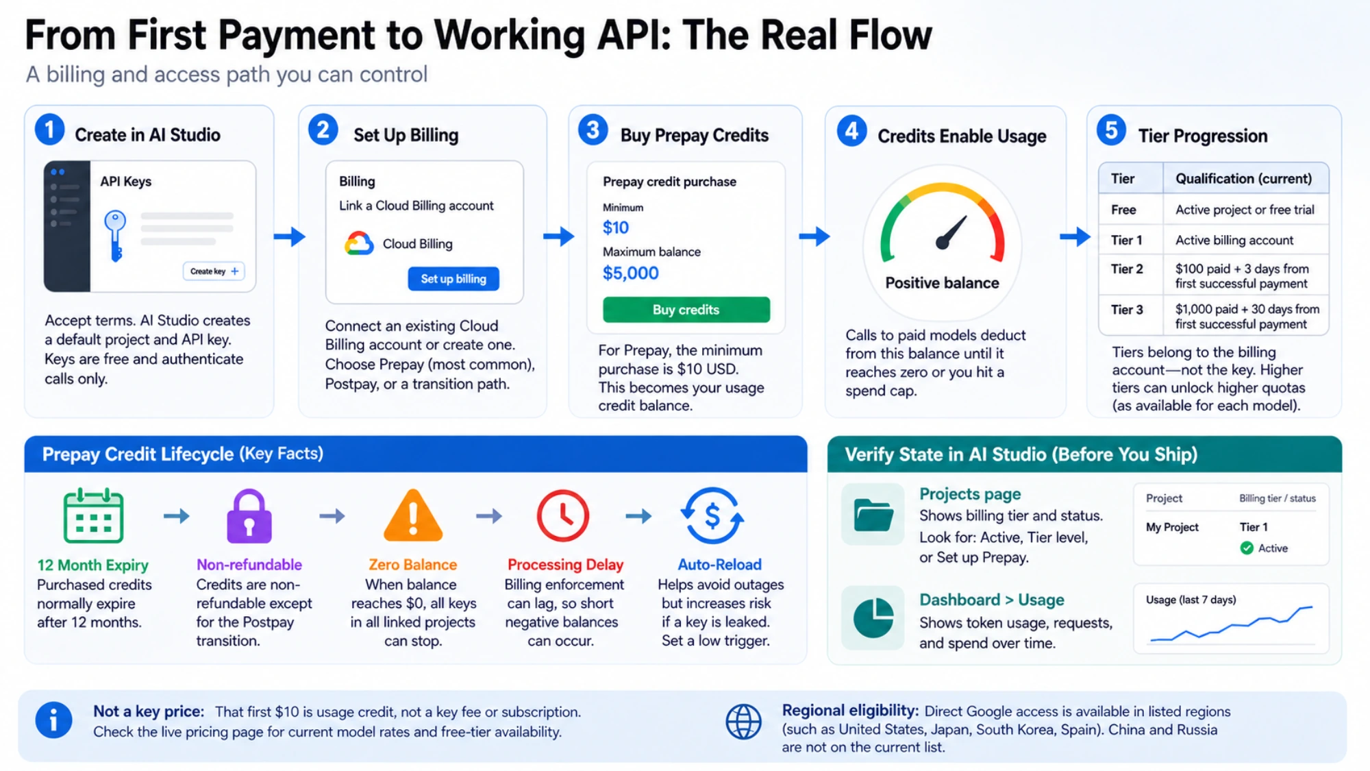 The controlled path from creating a Gemini API key through billing and Prepay credits to tier progression and AI Studio status checks