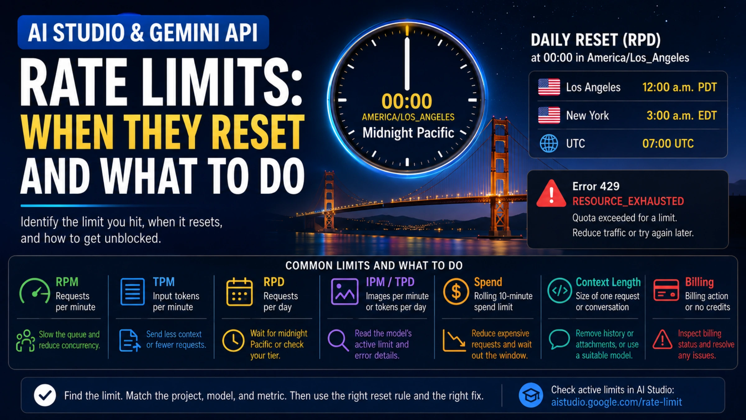 AI Studio and Gemini API rate-limit guide showing the midnight Pacific RPD reset and actions for common restrictions