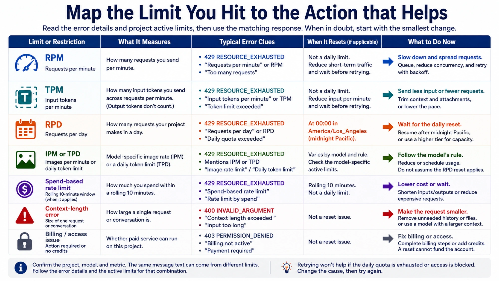 Gemini rate-limit comparison showing what each metric measures, possible error clues, and the matching recovery action