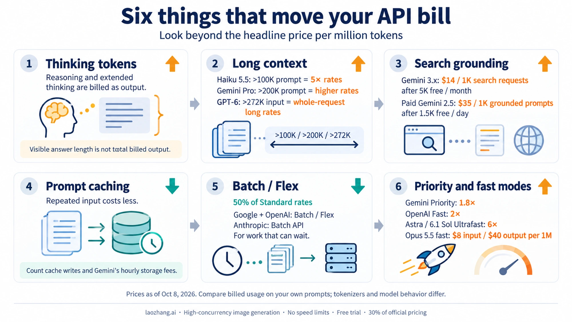 Six cards showing what moves a Gemini, OpenAI or Claude API bill: thinking tokens, long-context thresholds, search grounding and priority modes raise it; prompt caching and Batch lower it