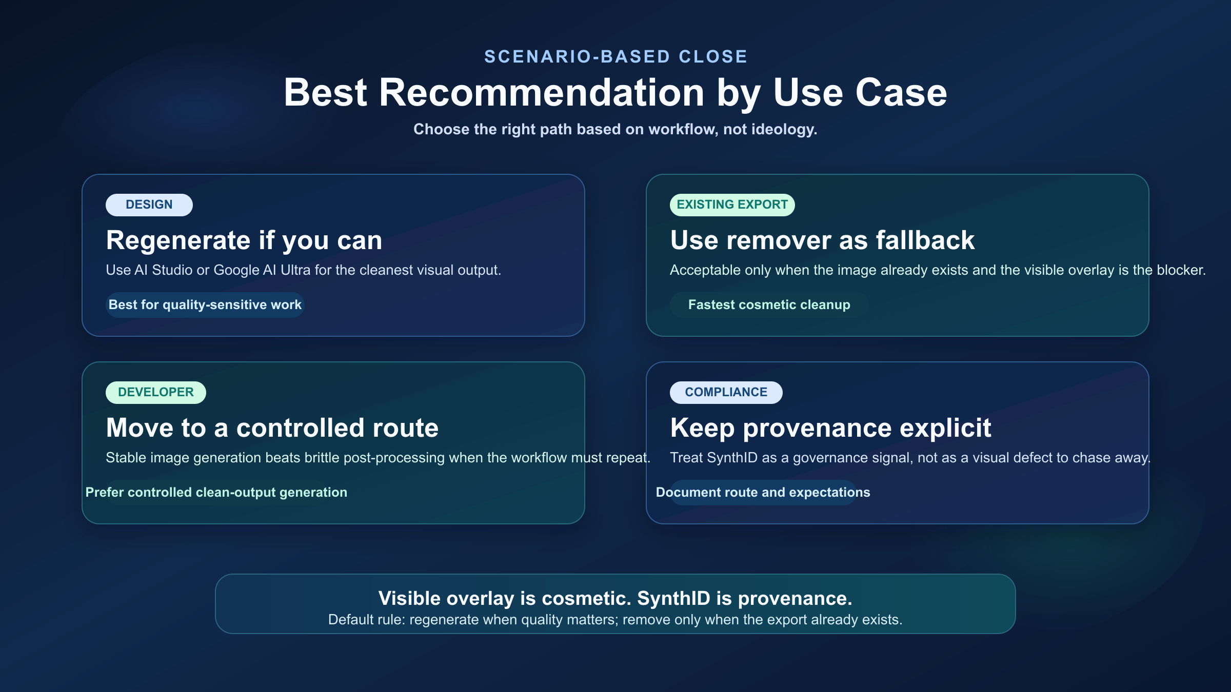 Decision matrix mapping different Gemini image users to the best recommendation, with a closing rule that the visible overlay is cosmetic and SynthID is provenance.