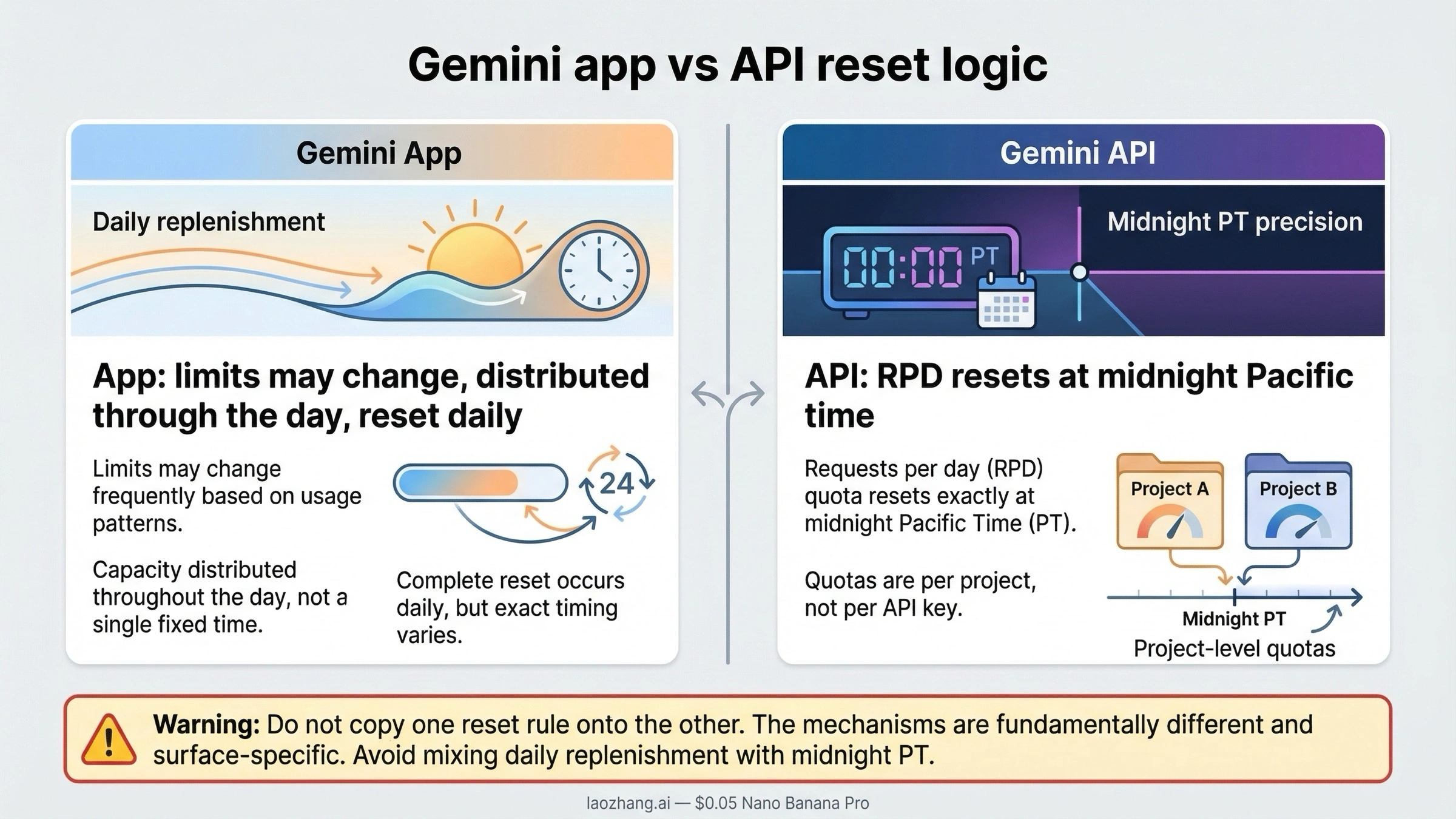 Two-lane board comparing Gemini app daily reset wording with the Gemini API midnight Pacific RPD reset rule.