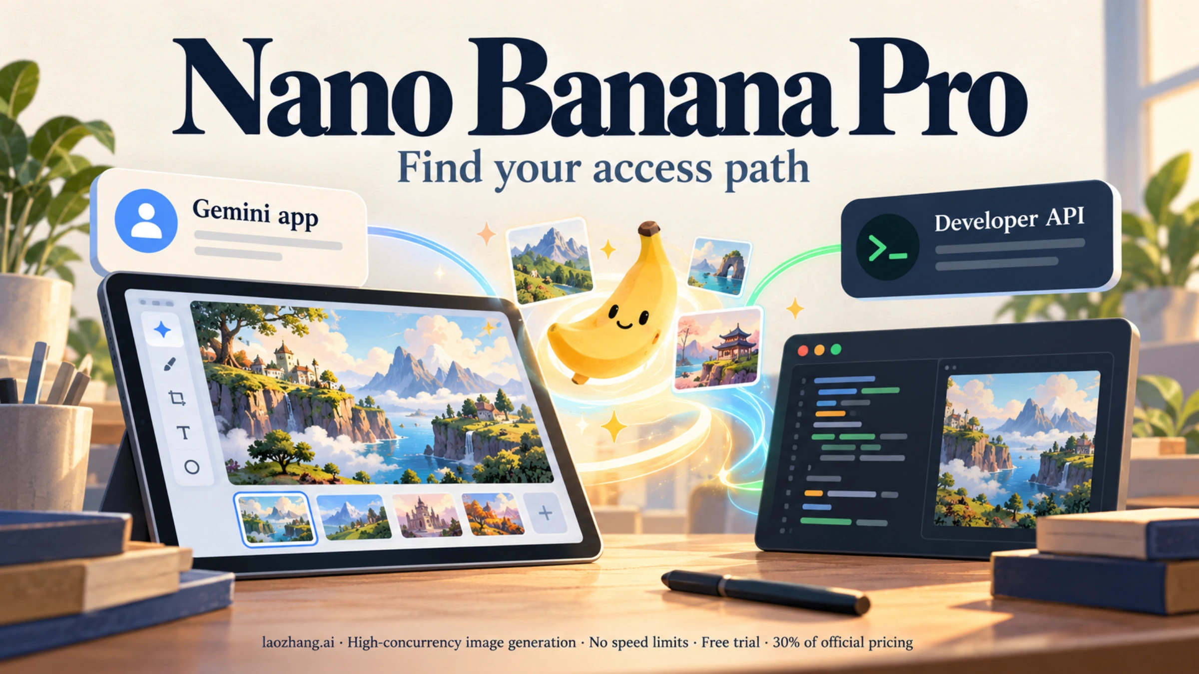 Illustration of Gemini app and developer API access paths for Nano Banana Pro image creation.