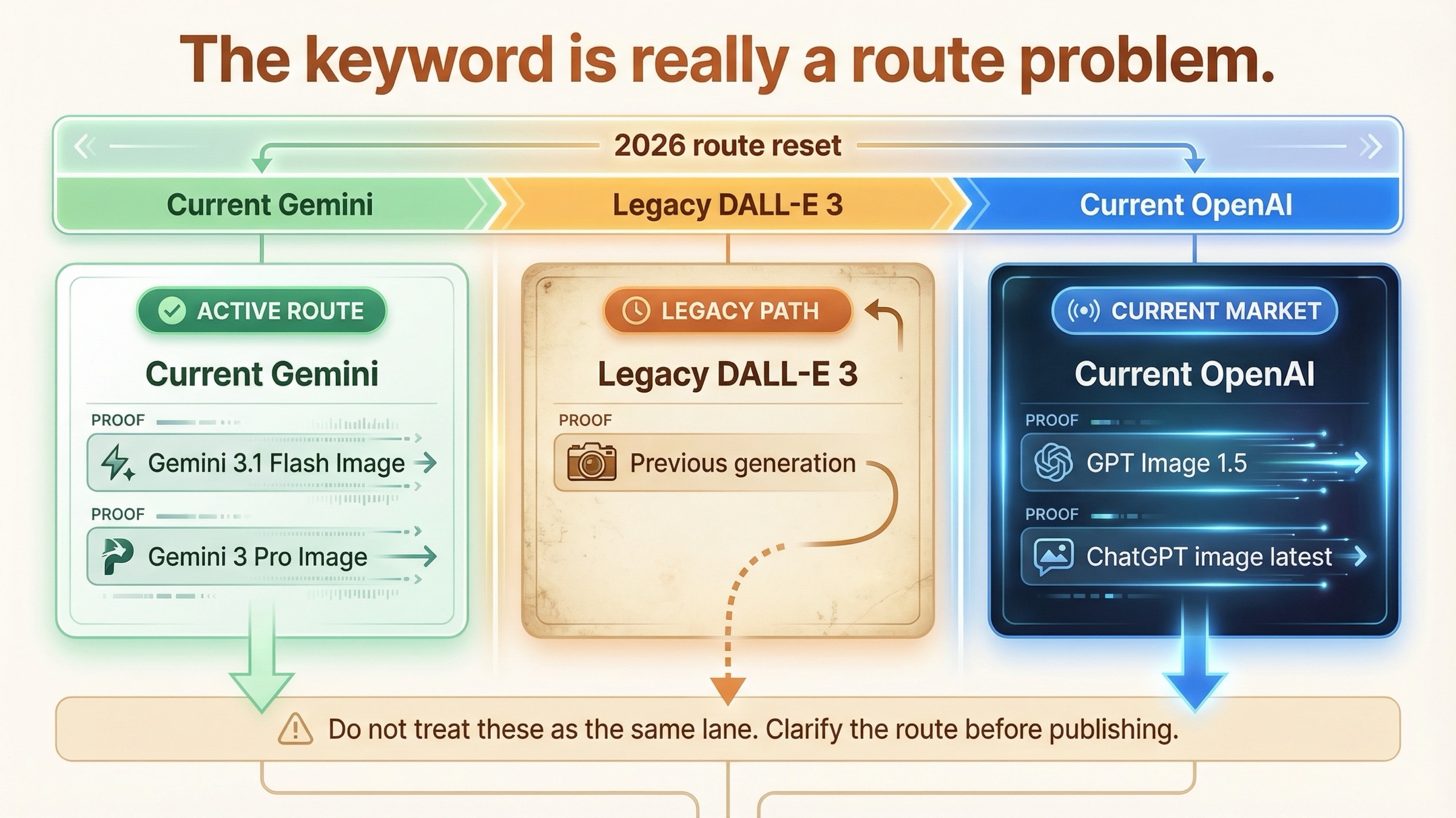 Routing board showing current Gemini image models, legacy DALL-E 3, and the current OpenAI image branch as three separate lanes.