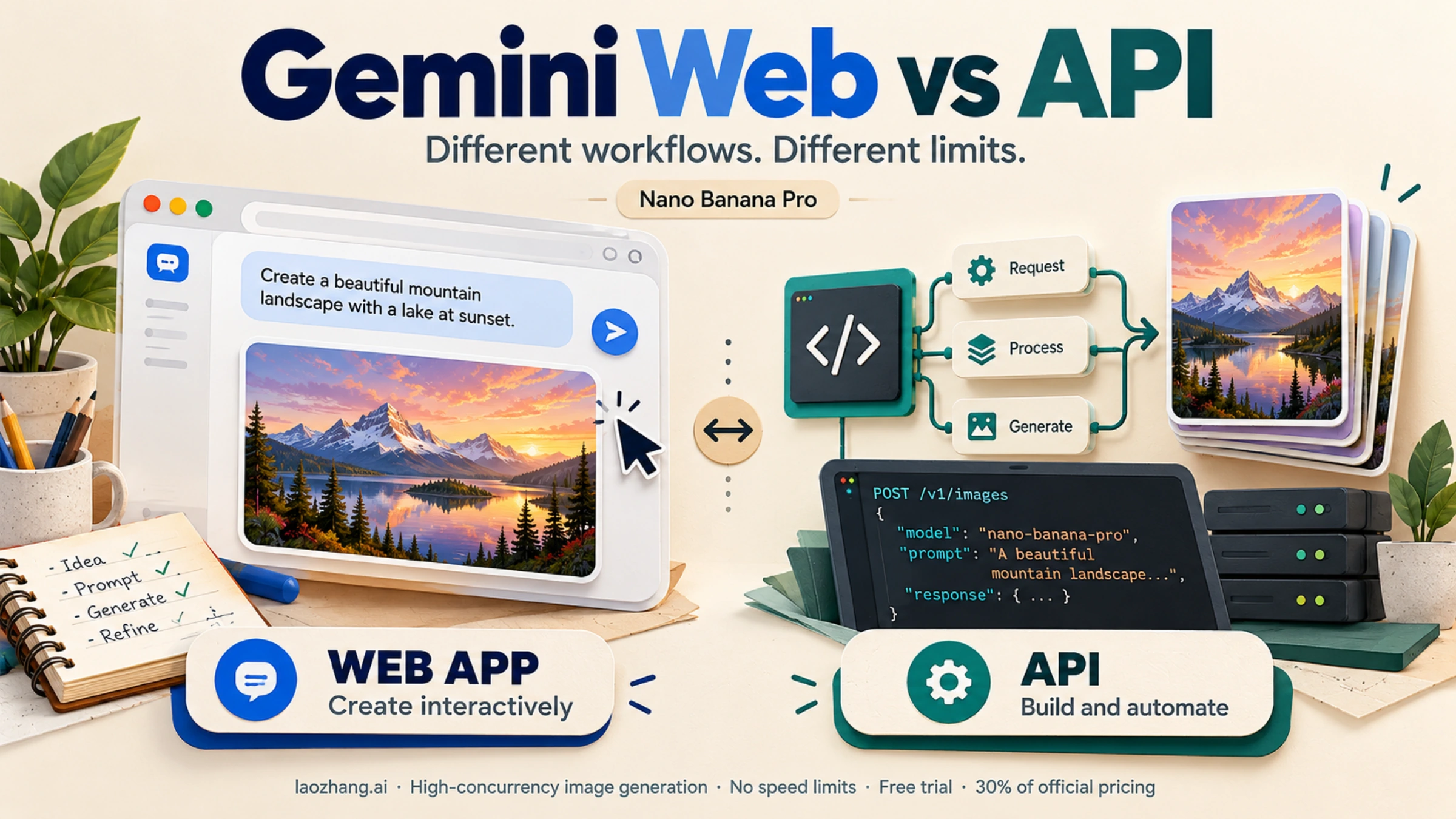 Gemini web image creation beside a developer API workflow for generating images.