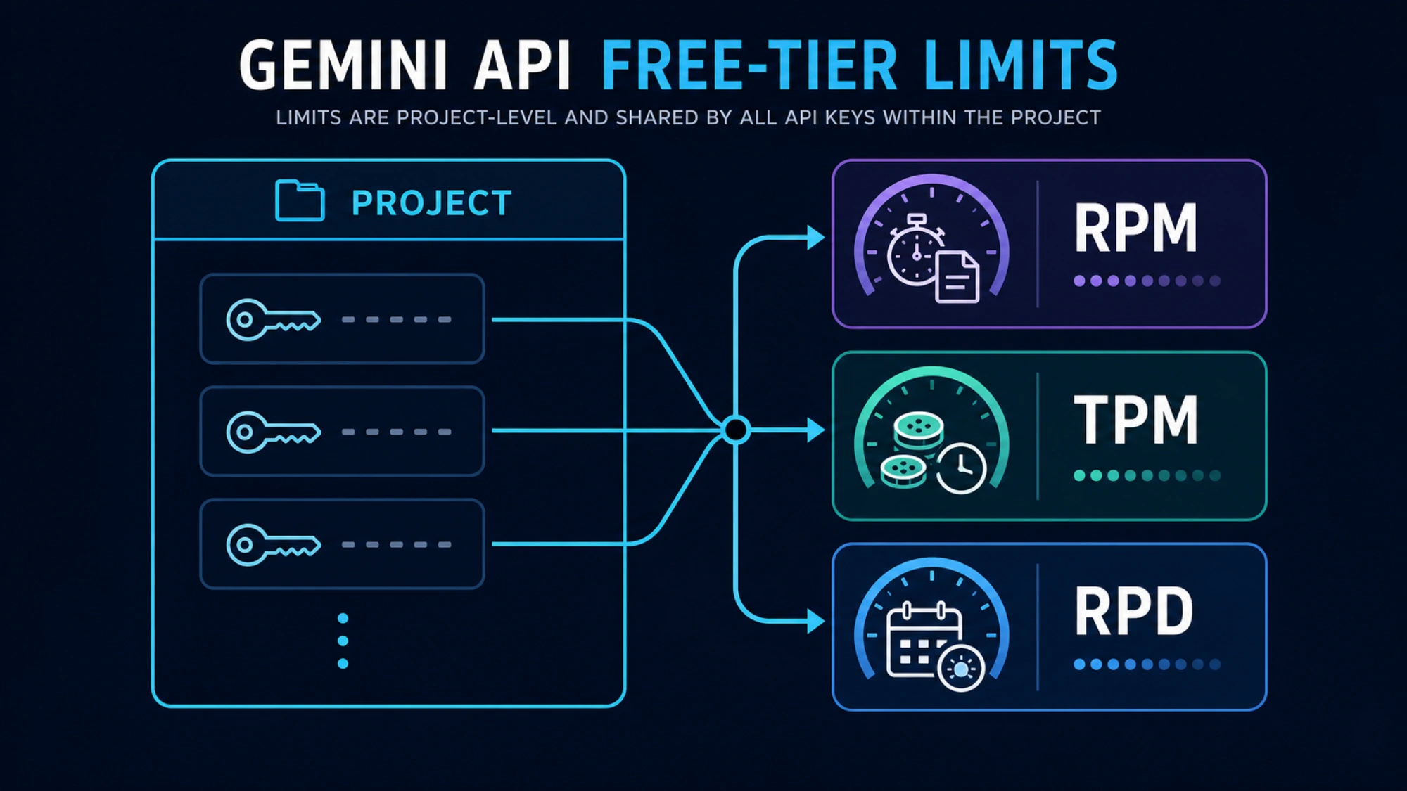 Project quota ledger separating RPM, TPM, and RPD