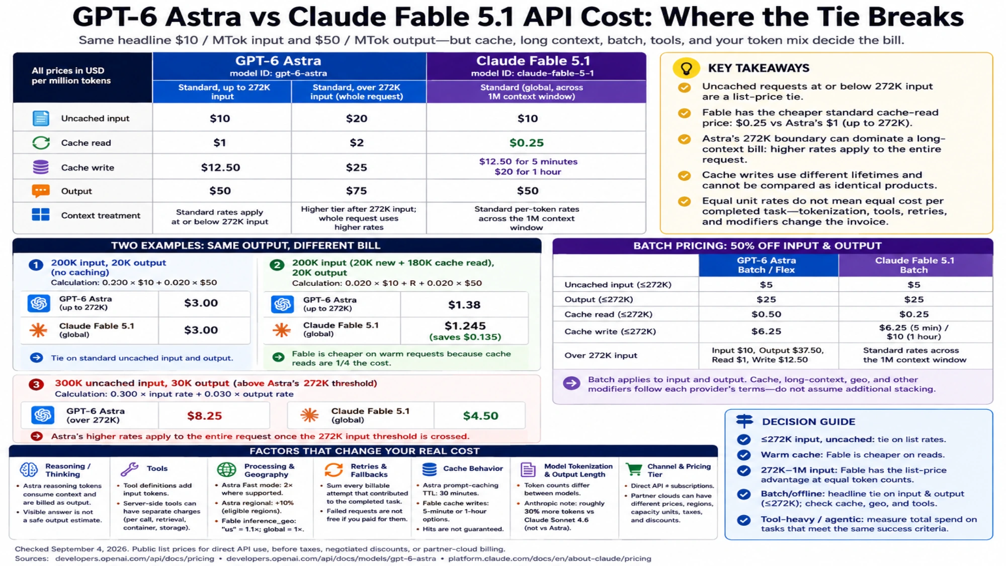 Detailed GPT-6 Astra and Claude Fable 5.1 cost worksheet with token rates, sample calculations, batch prices, billing factors, and decision guidance
