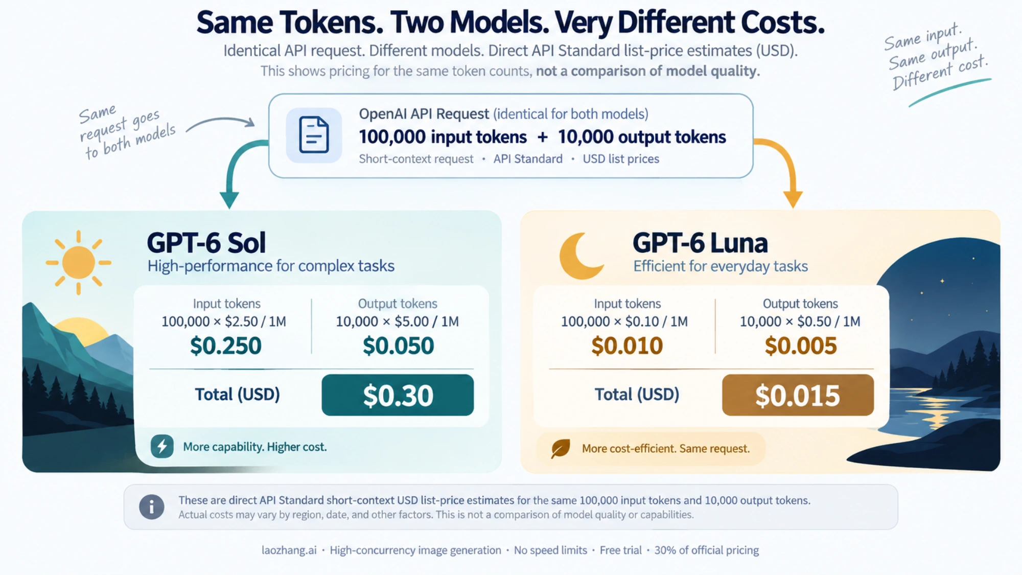Two illustrated cost panels for the same API input and output token counts