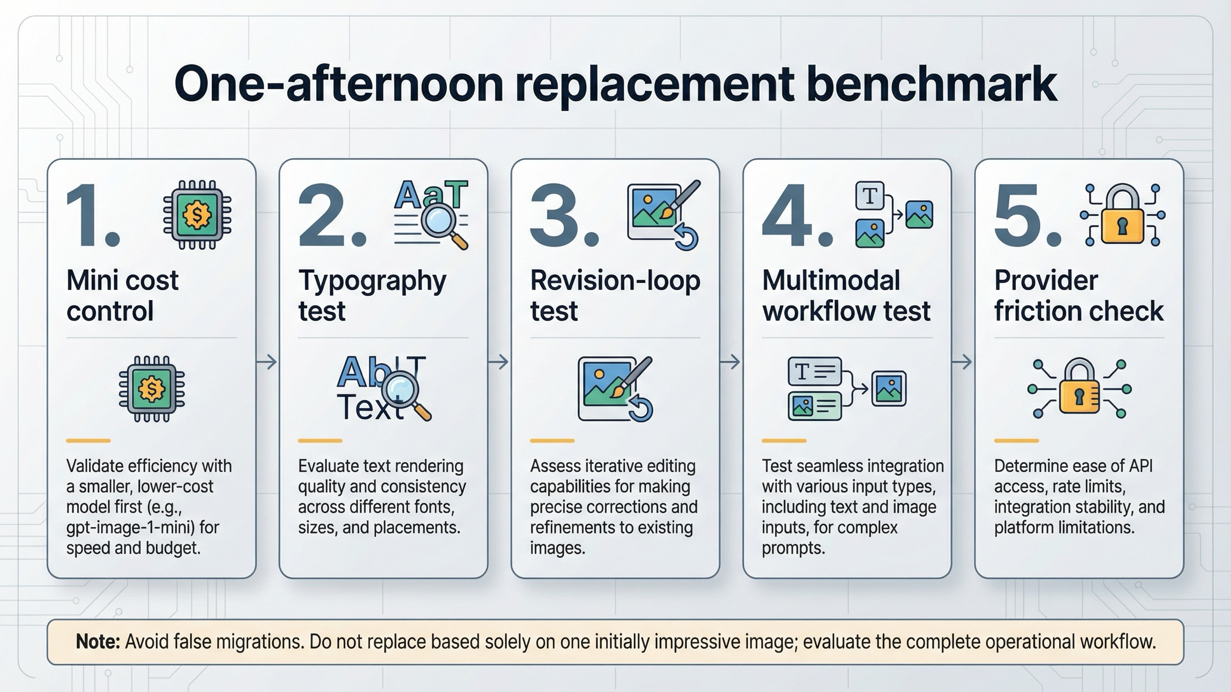 Five-step benchmark board showing how to test GPT Image 1.5 alternatives by cost, typography, revision loops, multimodal workflow, and provider friction