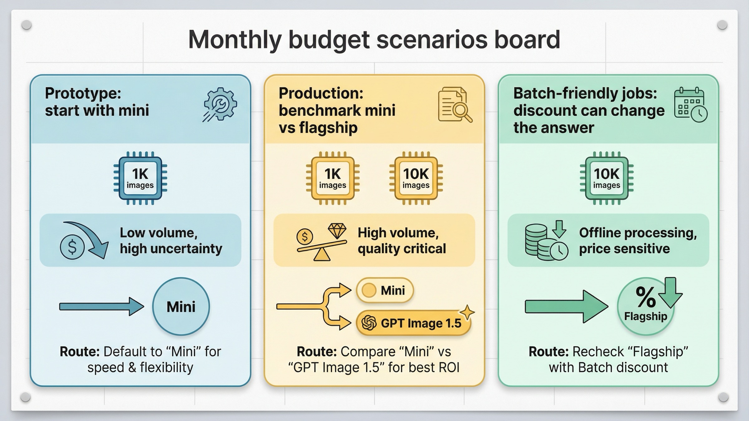 Scenario board comparing prototype, production, and batch-friendly image-generation workloads with different model-routing recommendations.