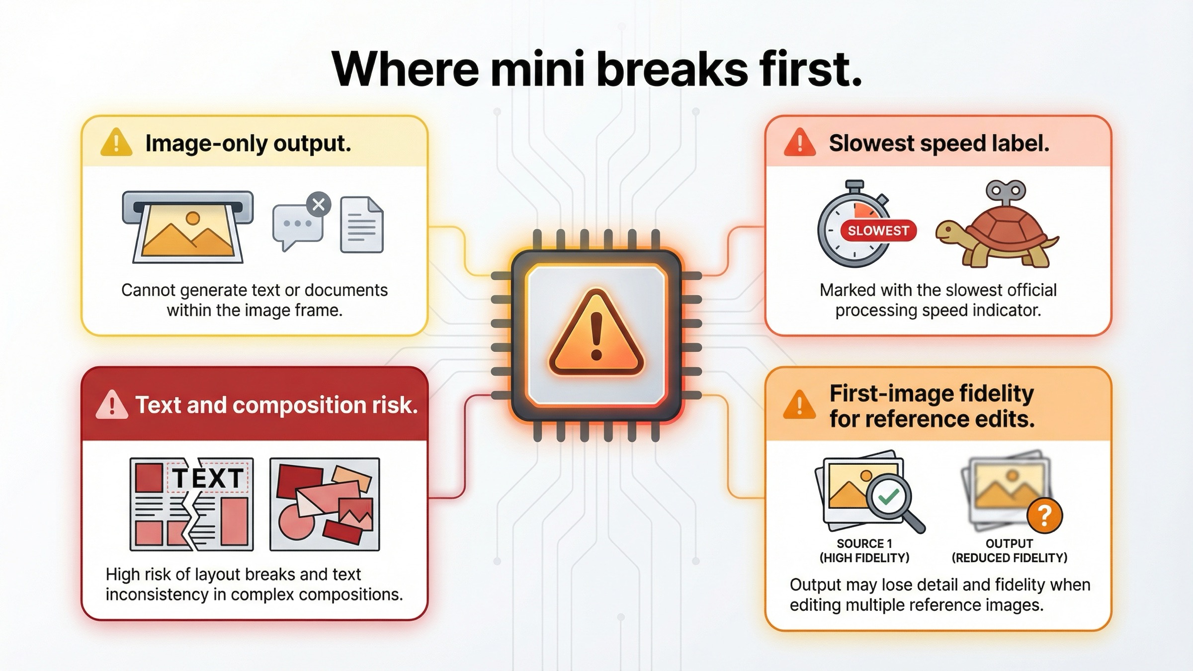 Caveats board showing GPT Image 1 Mini's main workflow risks: image-only output, slowest speed label, first-image fidelity emphasis, and layout-sensitive generation risk.