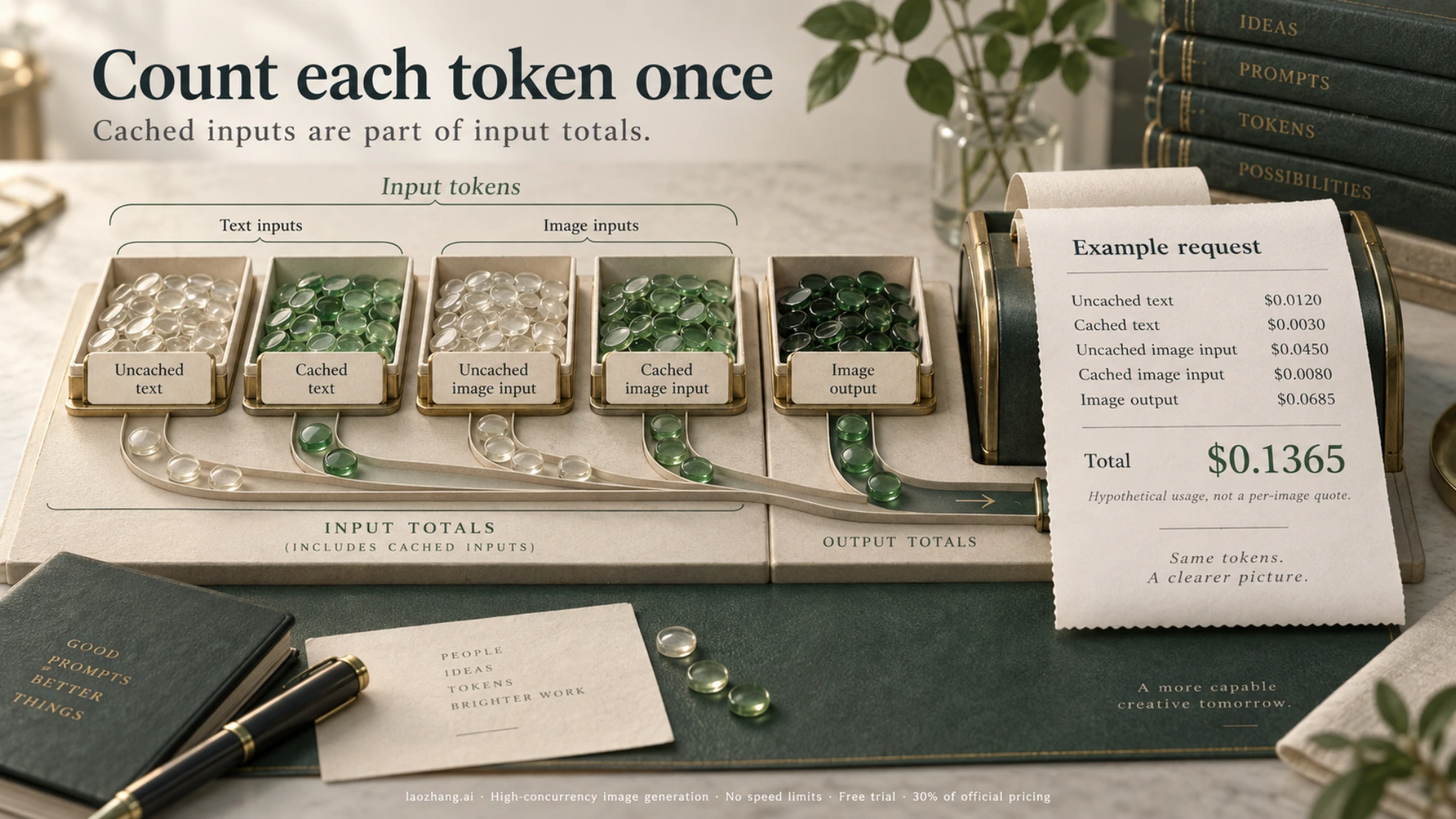 Conceptual token trays and a receipt illustrating separate billing categories