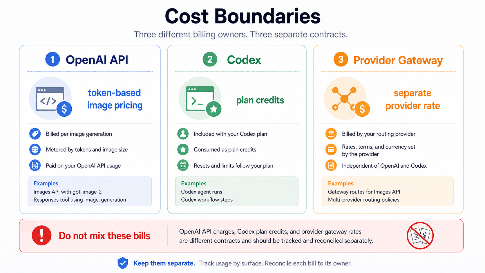 Billing boundary board separating OpenAI API pricing, Codex credits, and provider gateway rates