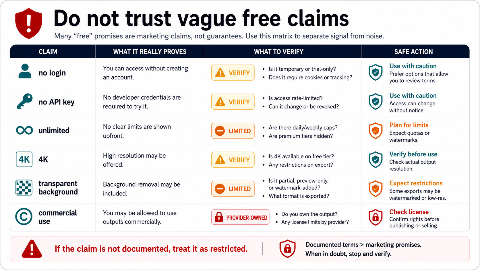 Claim matrix for verifying no-login, no-key, unlimited, 4K, transparent background, and commercial-use promises