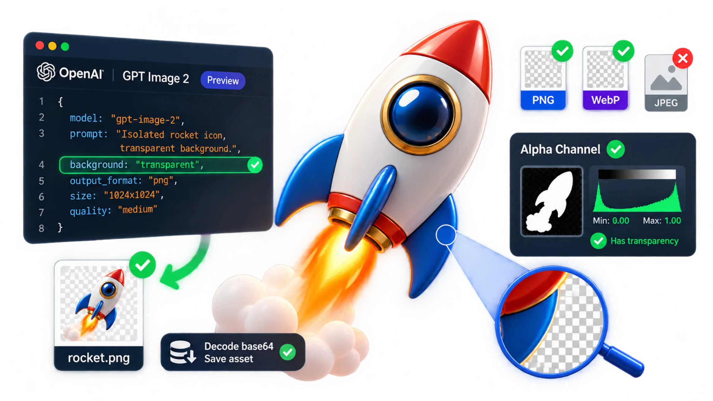 GPT Image 2 transparent-background request with PNG and WebP formats, base64 saving, and alpha-channel confirmation