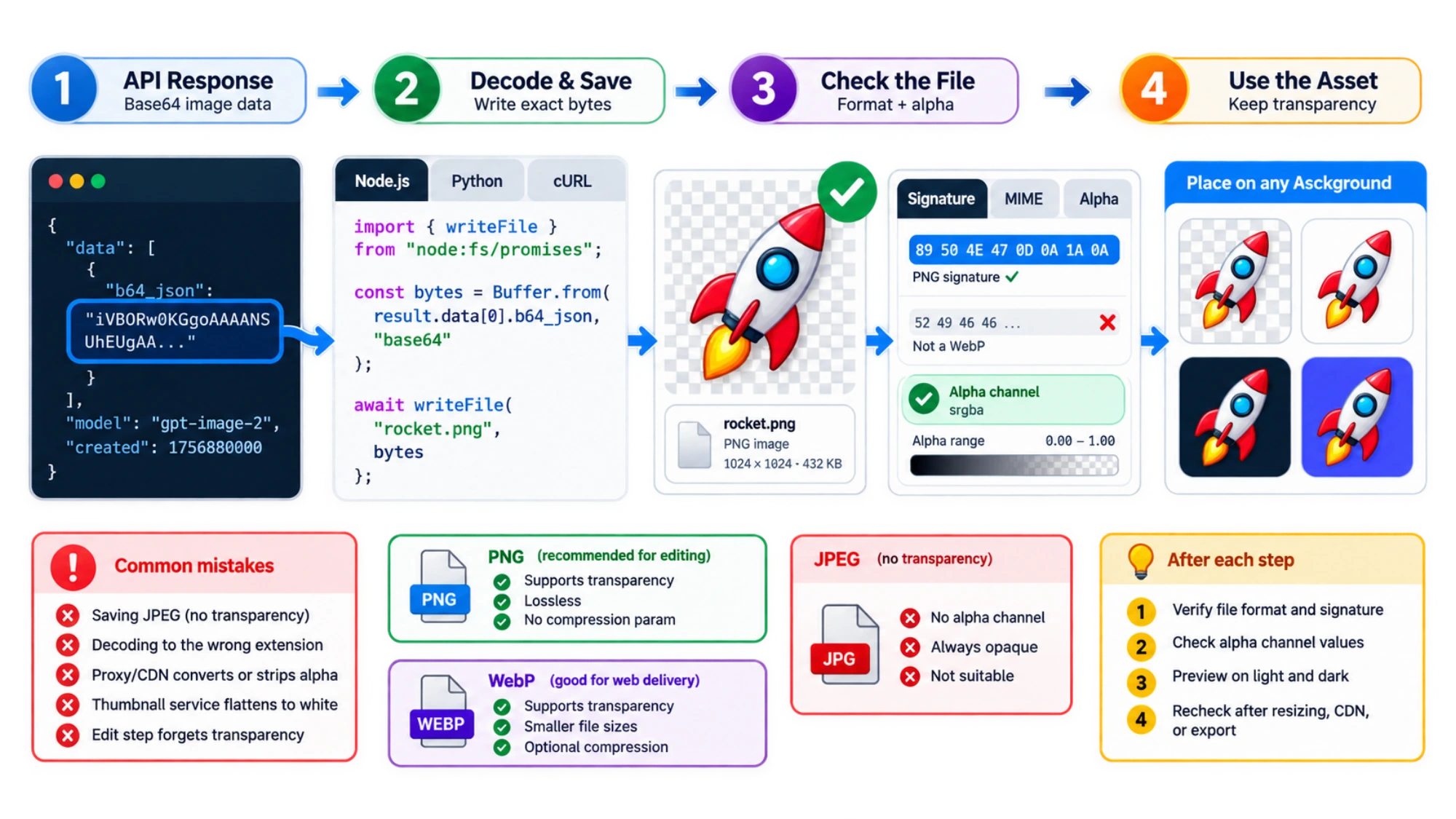Four-step path from a base64 API response to a saved and verified transparent asset, with PNG, WebP, JPEG, and common processing mistakes.