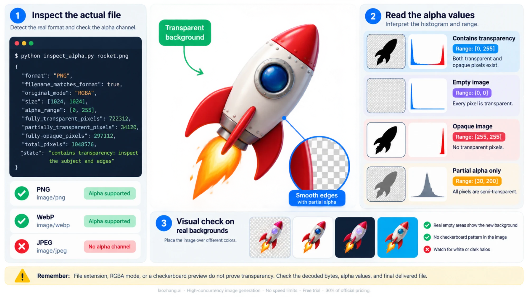Rocket asset with alpha-channel inspection and previews on different background colors.