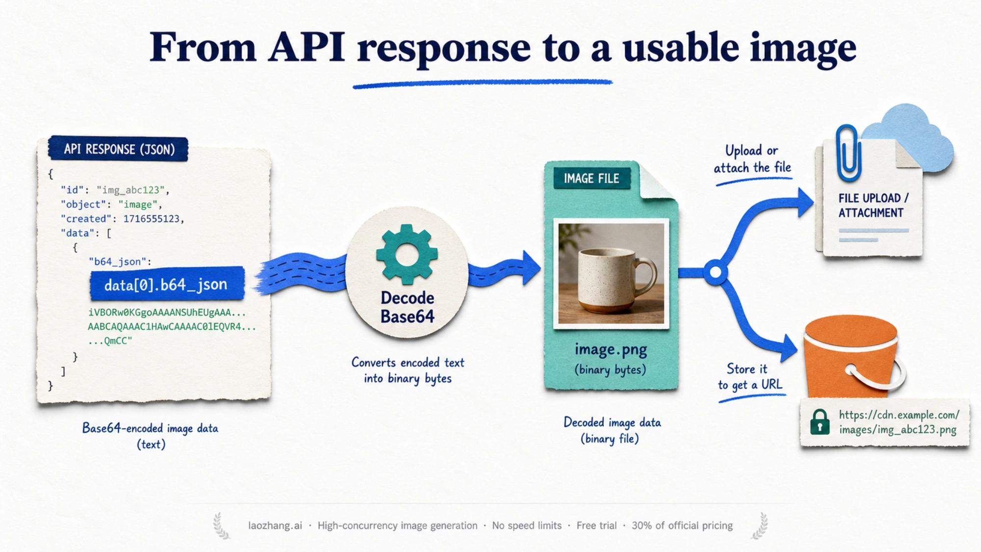 A flow from Base64 response data to an image file, an attachment, or a hosted URL