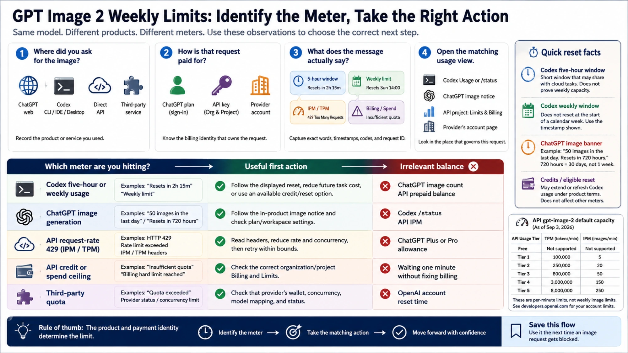 GPT Image 2 limit action guide that matches Codex, ChatGPT, API rate, API billing, and provider restrictions to the correct first action and irrelevant balance.