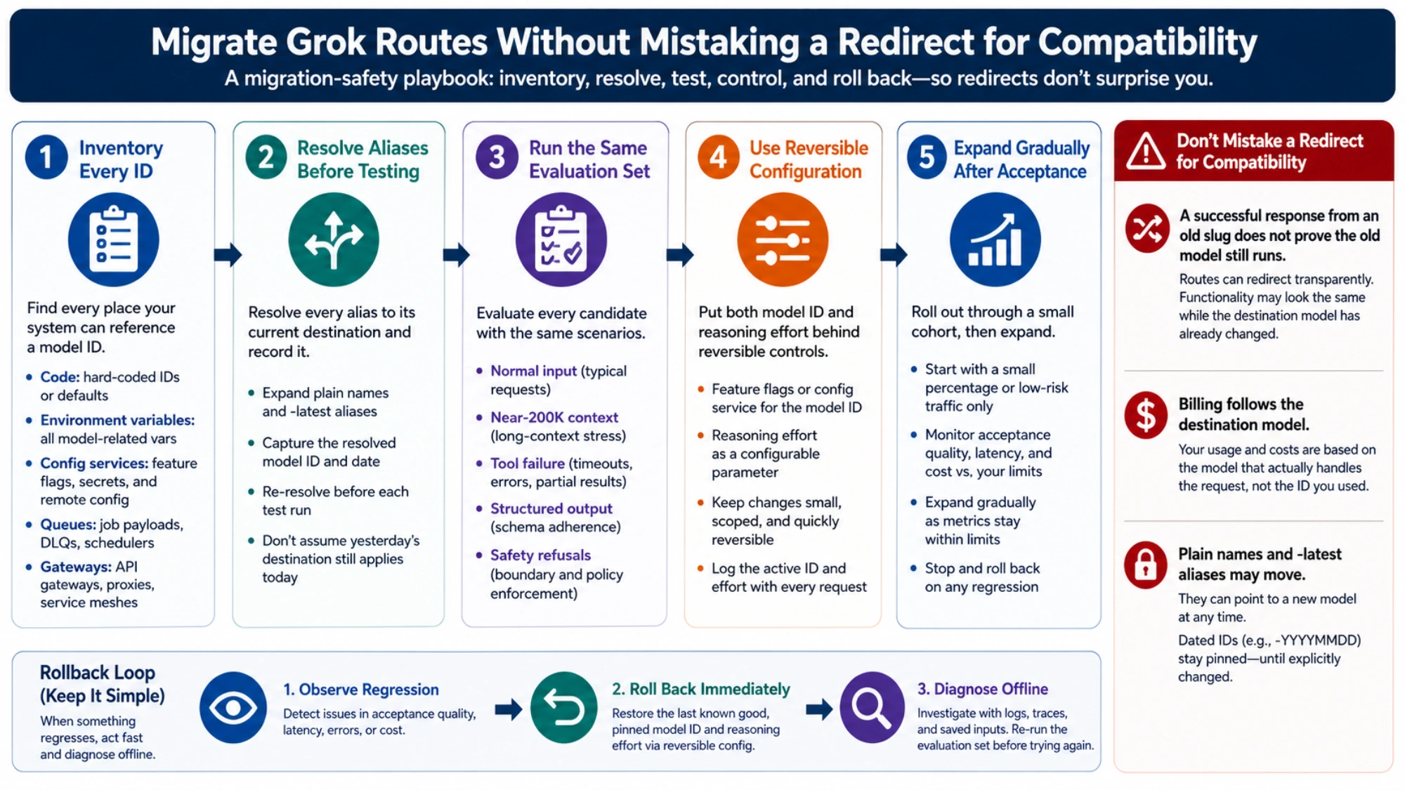 Five-step Grok route migration playbook with alias resolution, matched evaluation, reversible rollout, and rollback