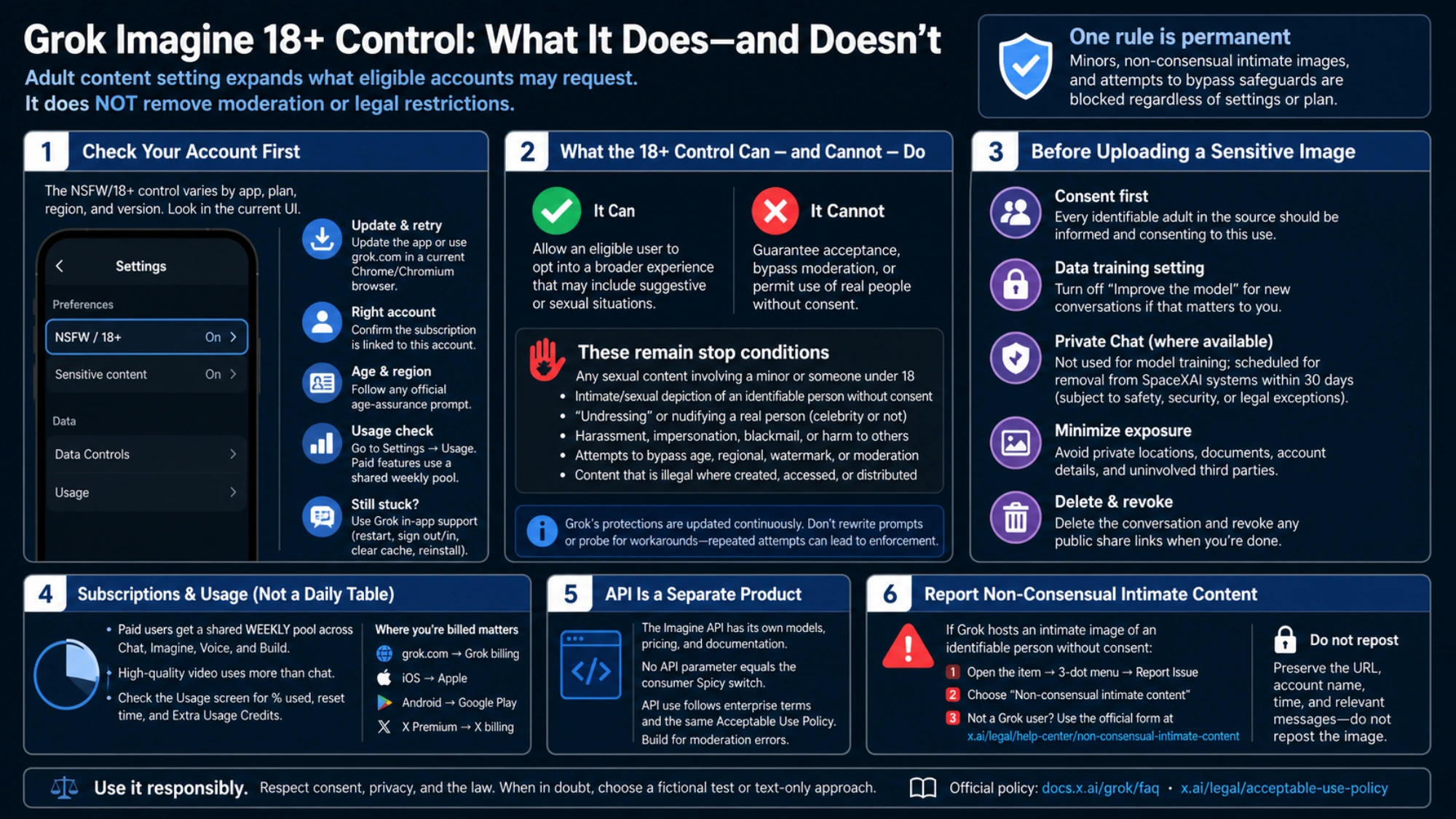 Grok Imagine guide explaining current account checks, what the 18+ control can and cannot do, sensitive-image privacy, separate API rules, and reporting steps