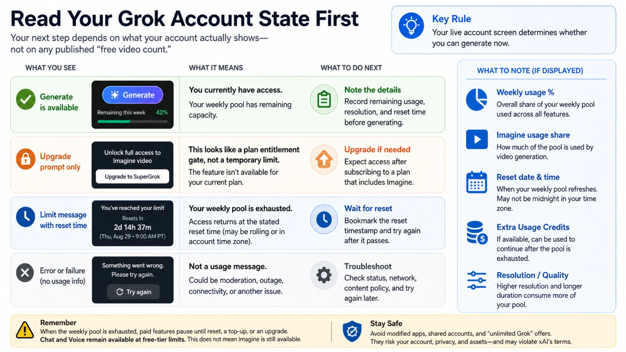 Decision matrix for Grok account states: Generate available, upgrade-only, limit with a reset time, or an error without usage information