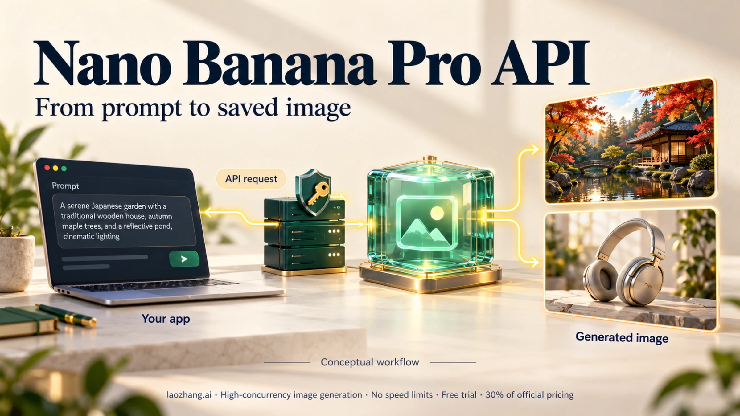 Conceptual Nano Banana Pro API workflow connecting an app, a backend server, and generated garden and product images.