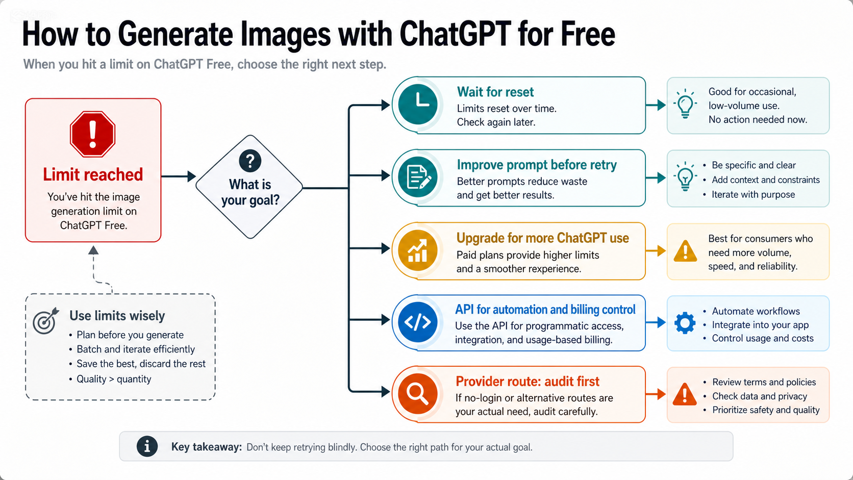 Flowchart for waiting, improving prompts, upgrading, using the API, or auditing a provider route after a ChatGPT image limit.