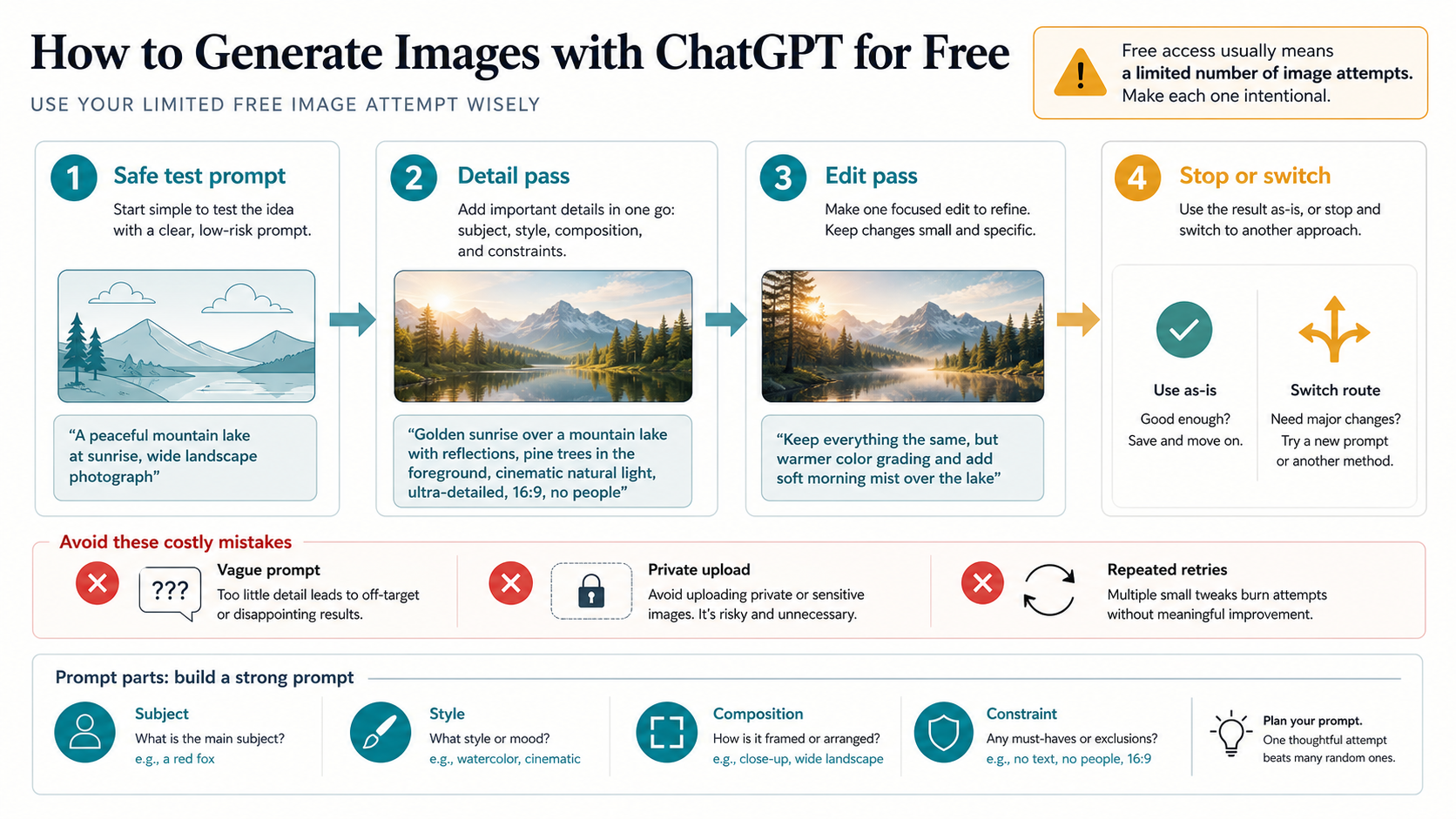 Prompt ladder showing safe test prompt, detail pass, edit pass, and stop or switch decision for ChatGPT Free image generation.