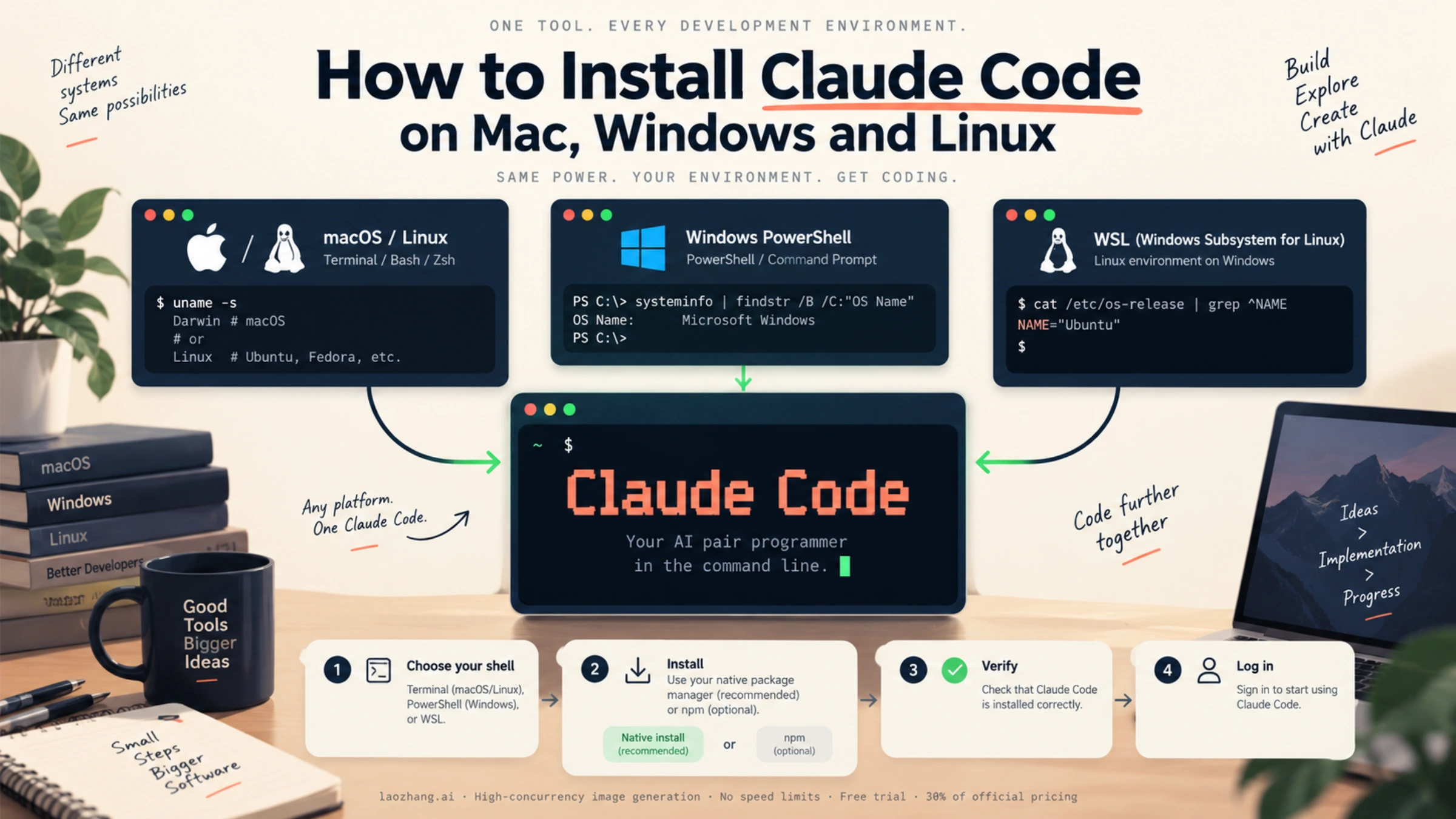 Claude Code installation across macOS, Windows and Linux terminals