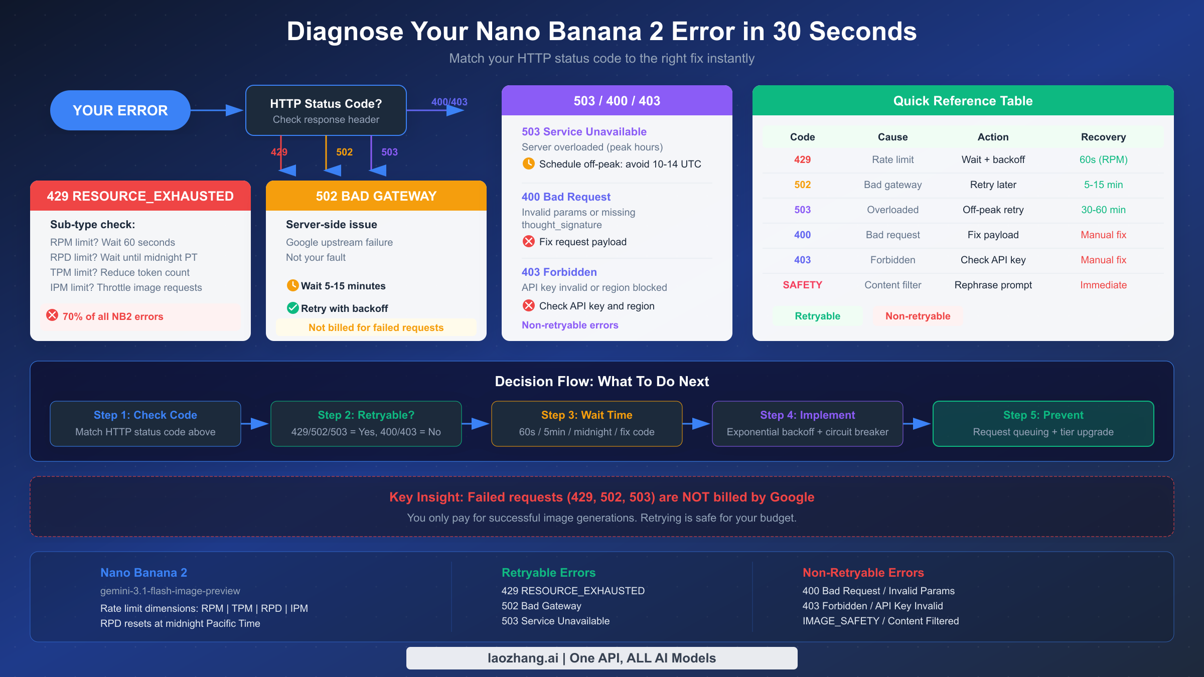 Nano Banana 2 error diagnosis flowchart showing how to identify and fix 429, 502, 503, 400, and 403 errors