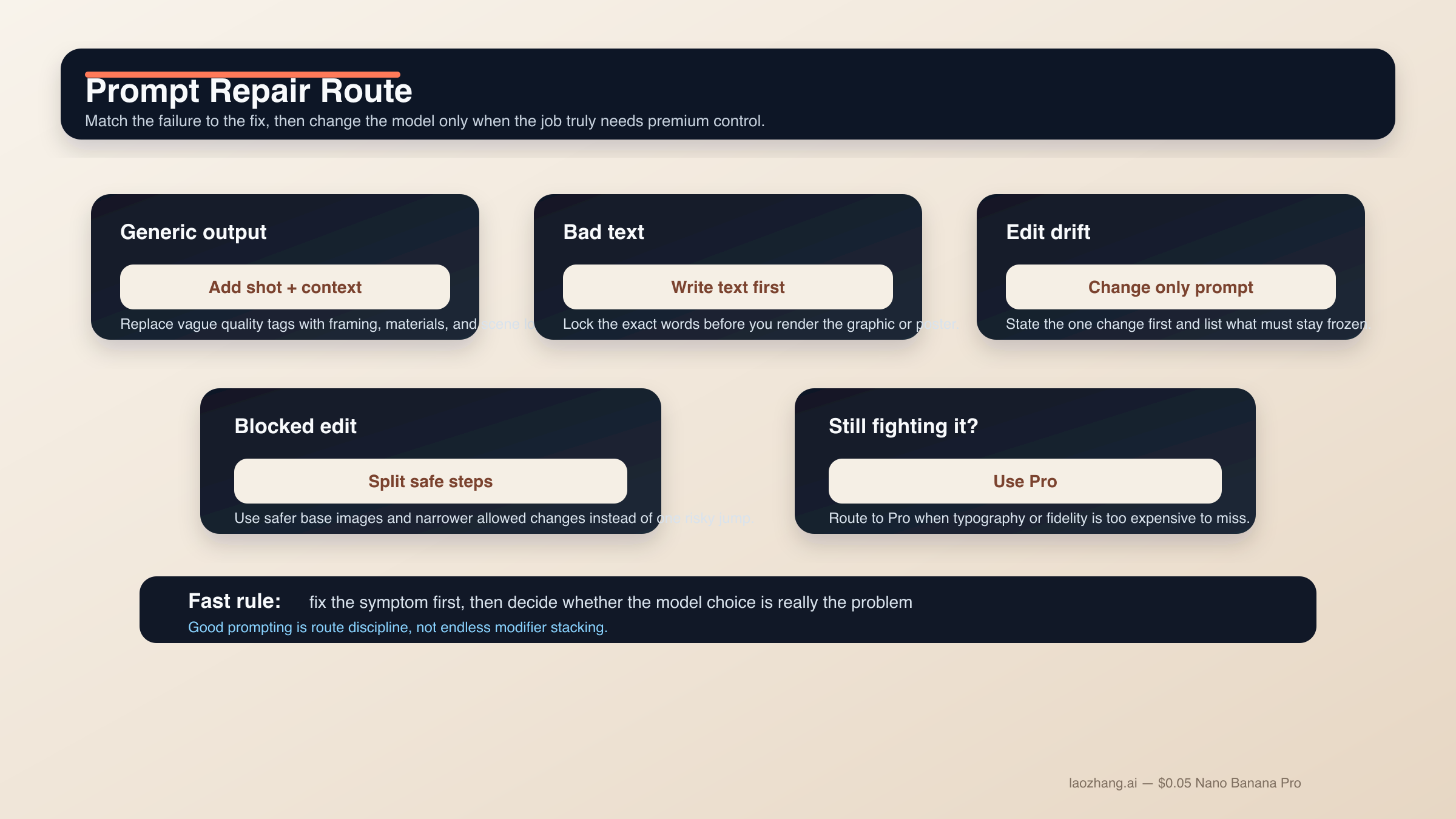 Repair routing board showing how to fix generic output, bad text, edit drift, blocked edits, and when to switch to Nano Banana Pro.