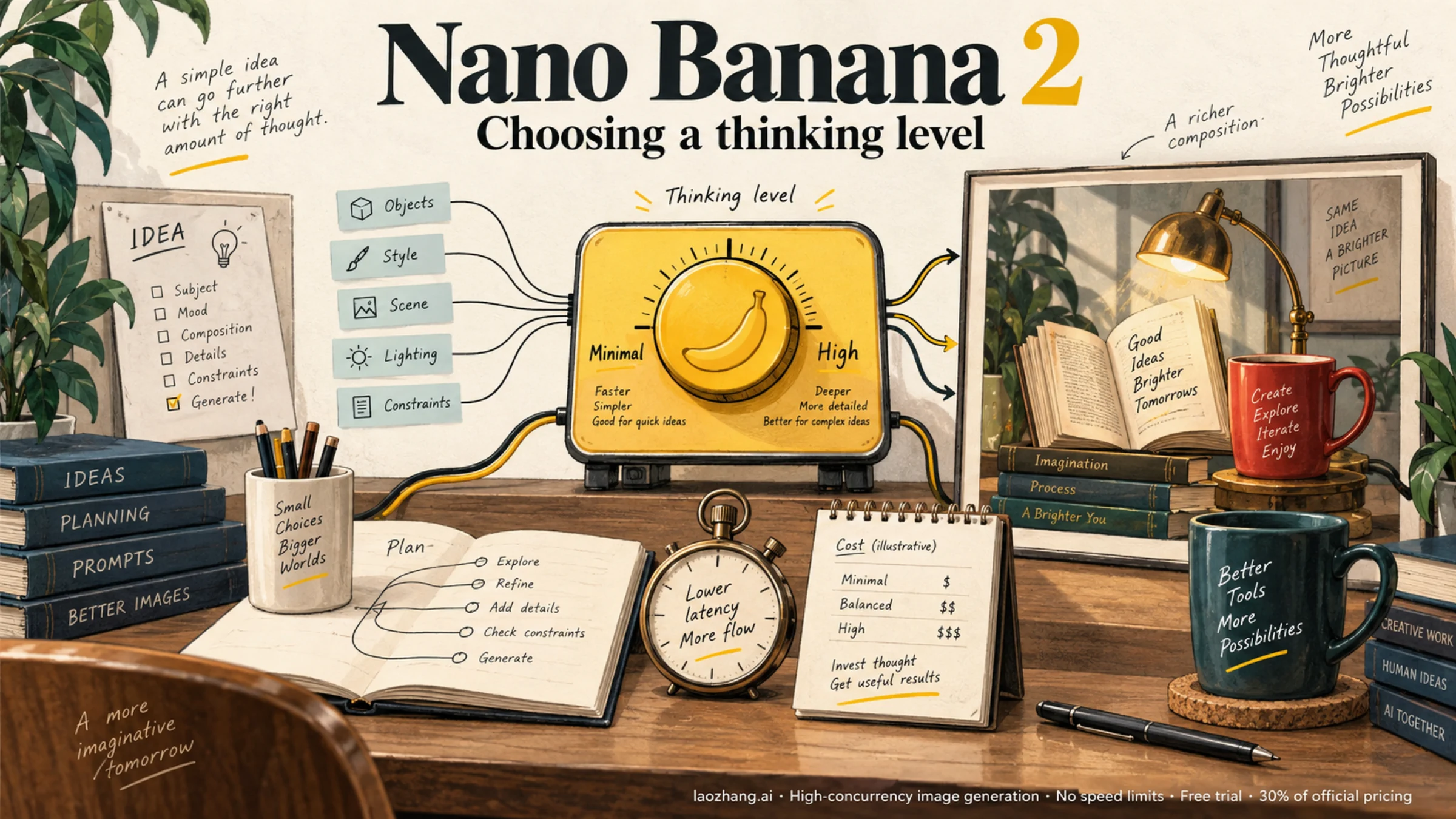 Illustrated thinking-level dial beside an image composition, stopwatch, and cost notebook