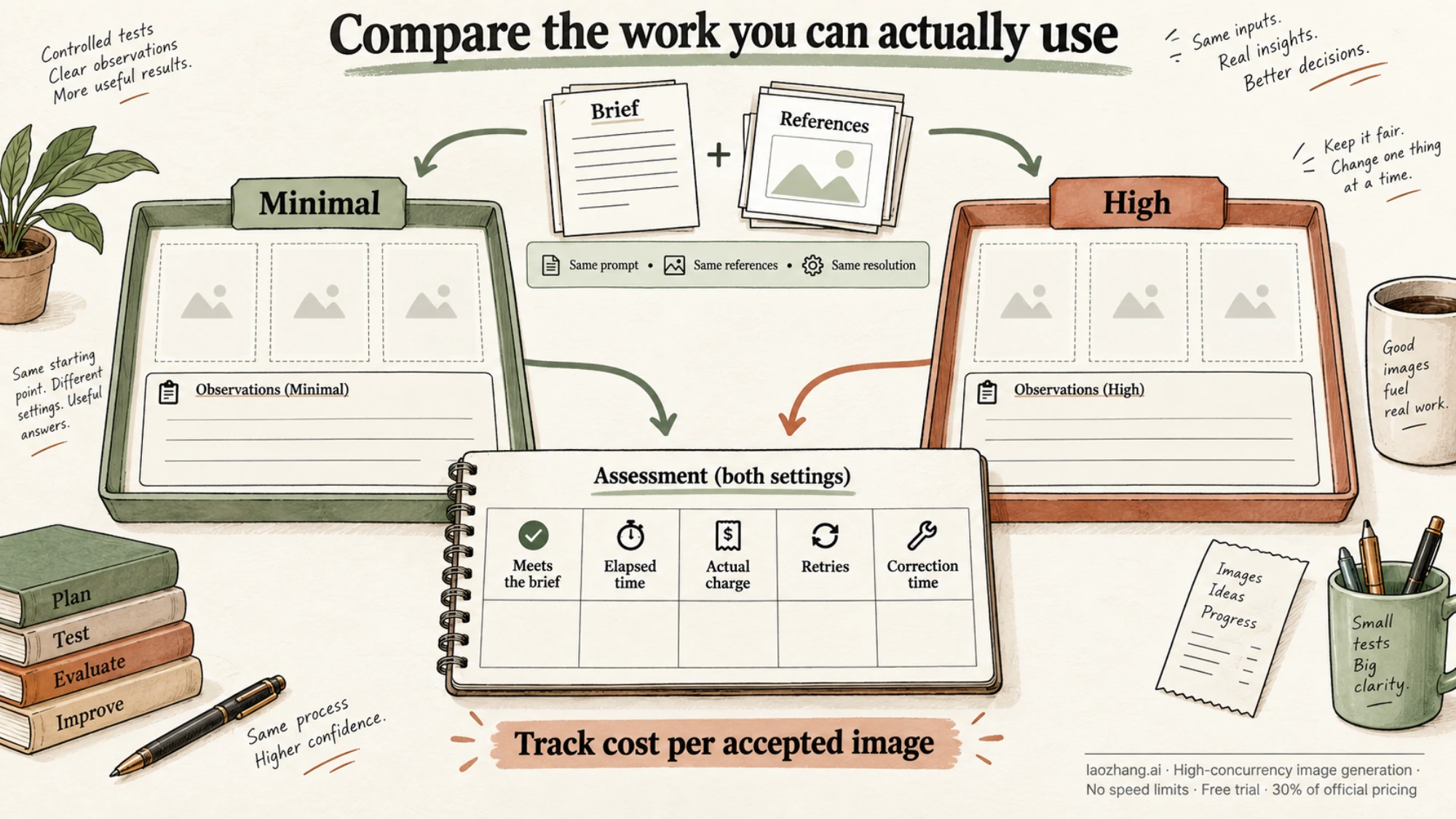 Illustrated worksheet comparing Minimal and High with shared inputs and observations for usable images, time, charges, and retries