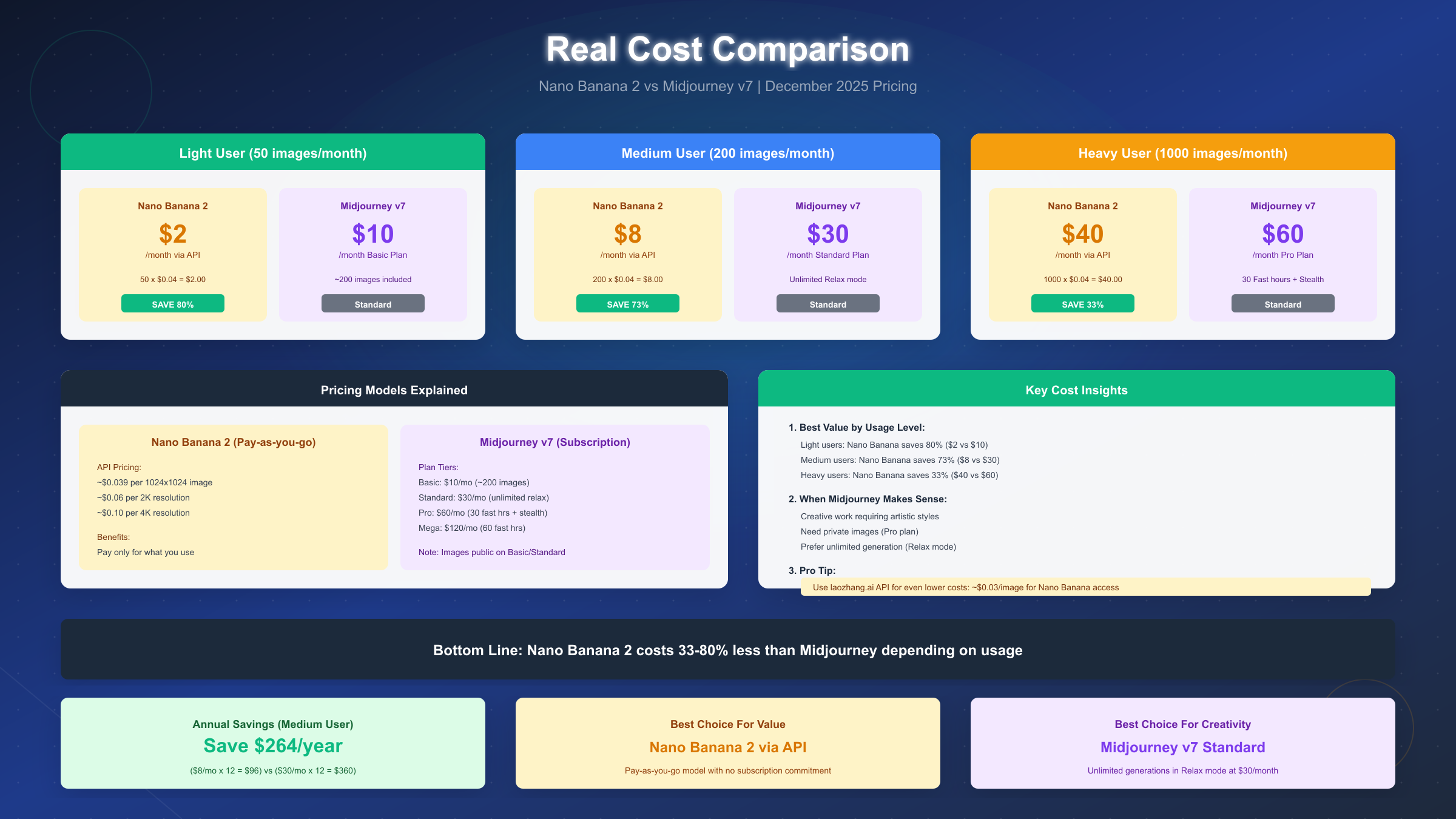 Pricing comparison between Nano Banana 2 and Midjourney v7