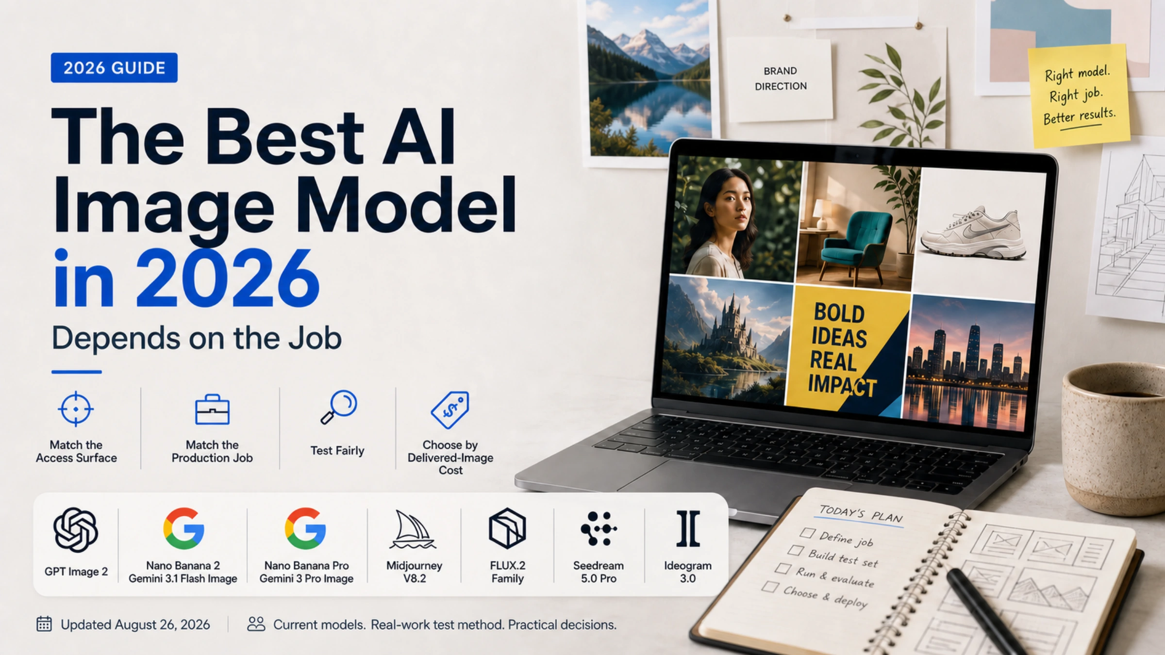 2026 AI image model selection guide for matching GPT Image 2, Nano Banana, Midjourney, FLUX.2, Seedream, and Ideogram to a production job