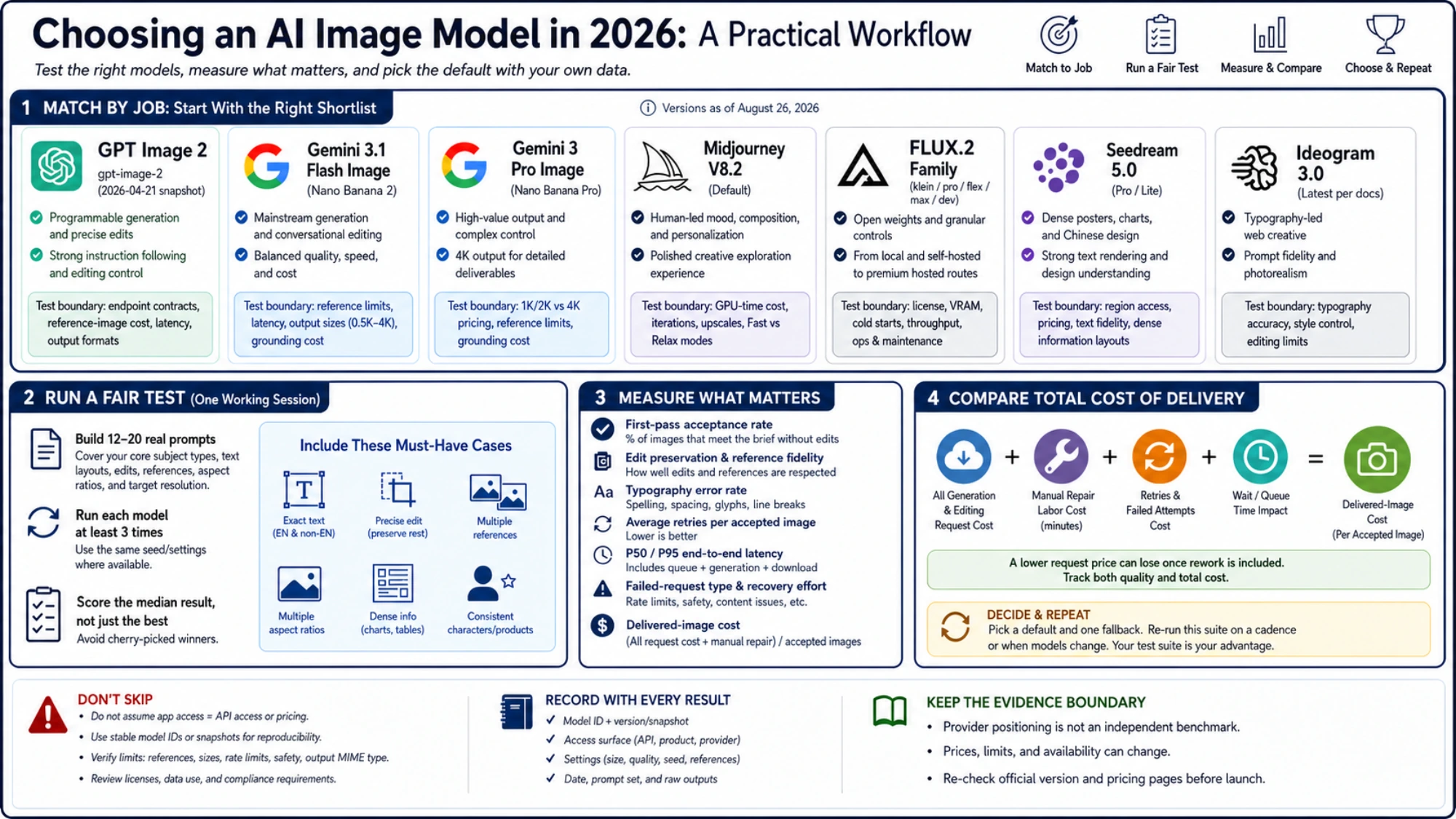 A practical workflow for matching an AI image model to the job, running a fair repeated test, and comparing delivered-image cost