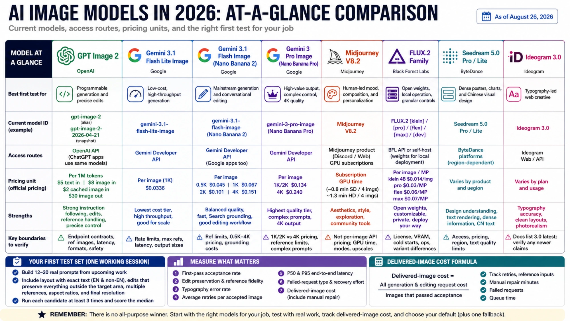 Current 2026 AI image models compared by first test, model ID, access route, pricing unit, strengths, and boundaries