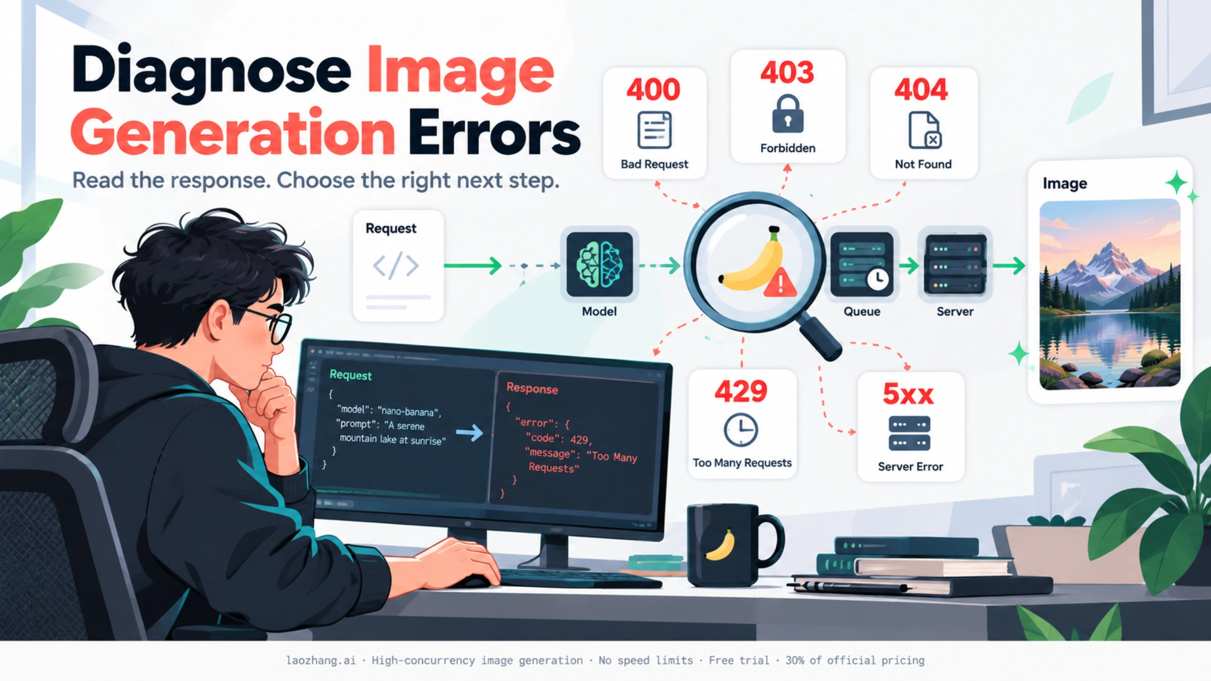 Developer diagnosing image-generation request, permission, resource, rate-limit and server errors
