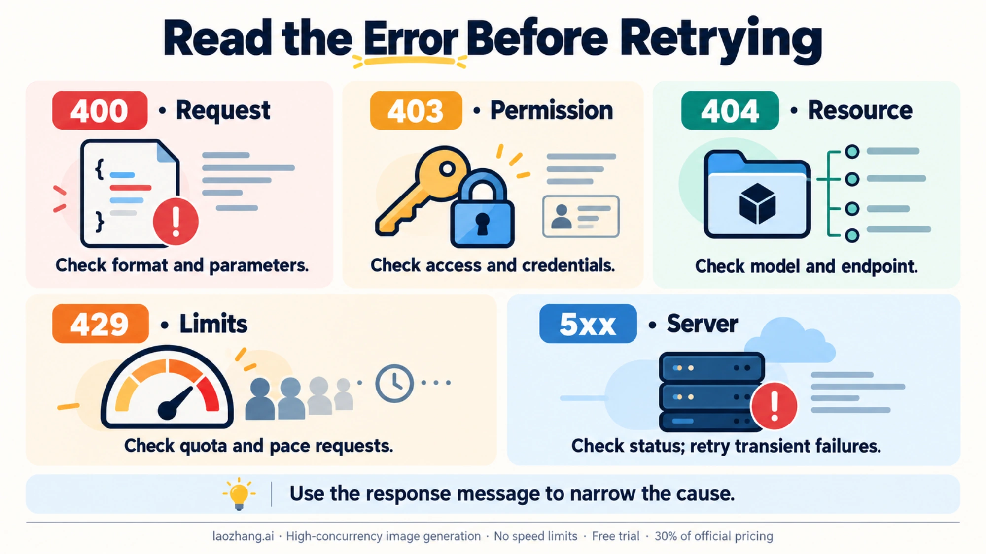 Error categories and next checks for 400, 403, 404, 429 and server responses