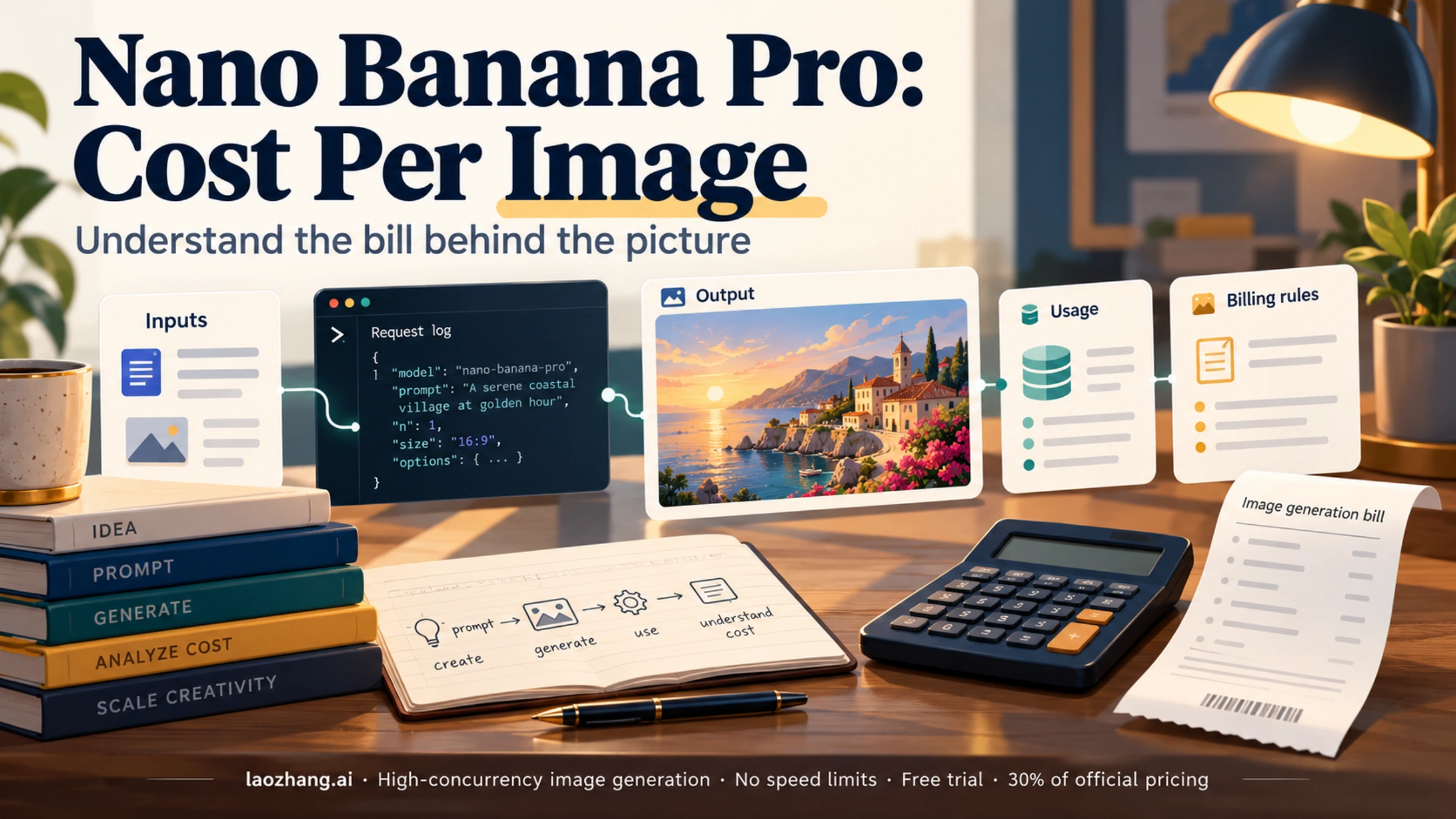Nano Banana Pro image generation connected to inputs, outputs, usage records and billing rules