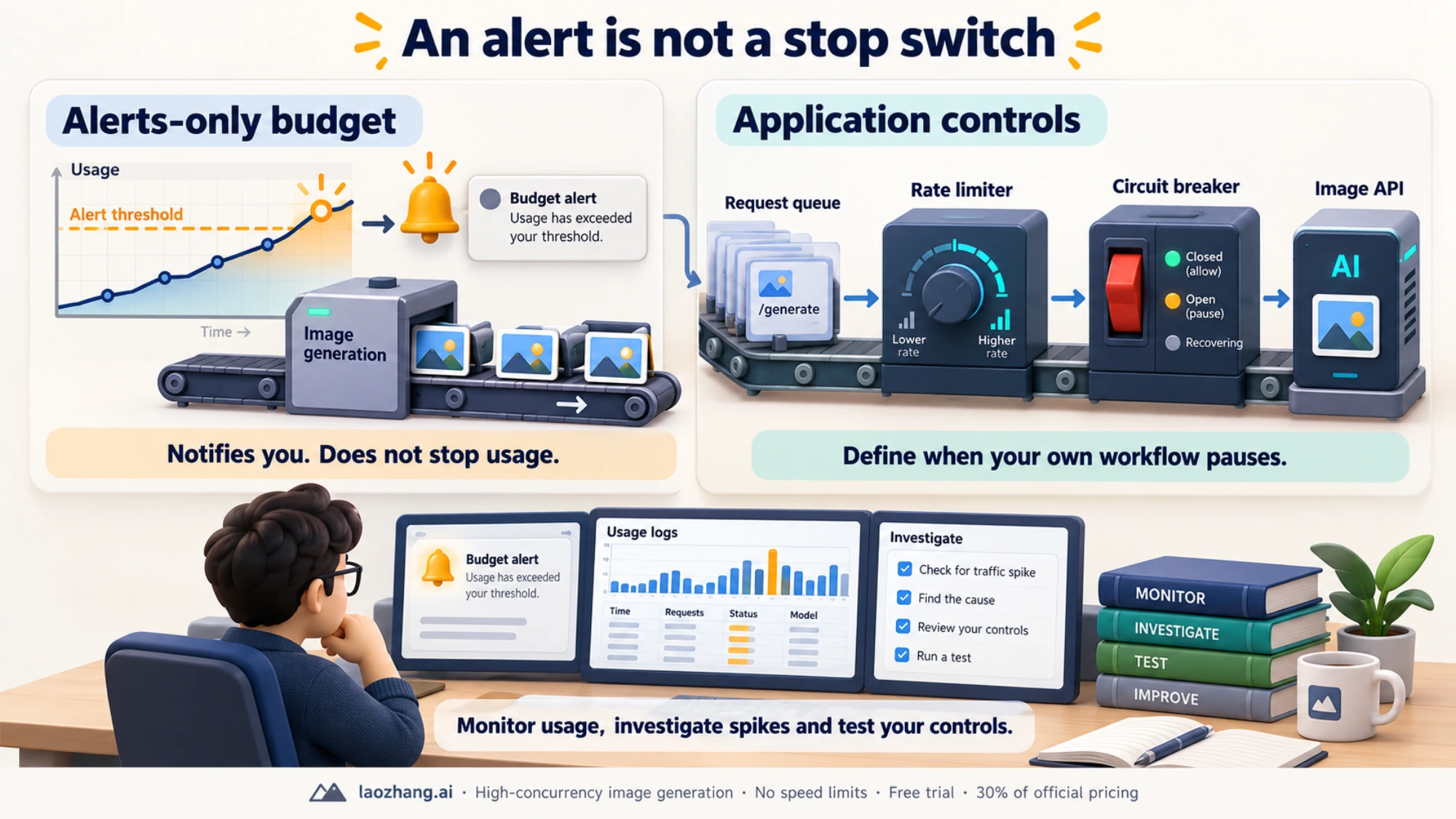 Alerts-only budgets notify an operator while application rate limits and circuit breakers control the request workflow