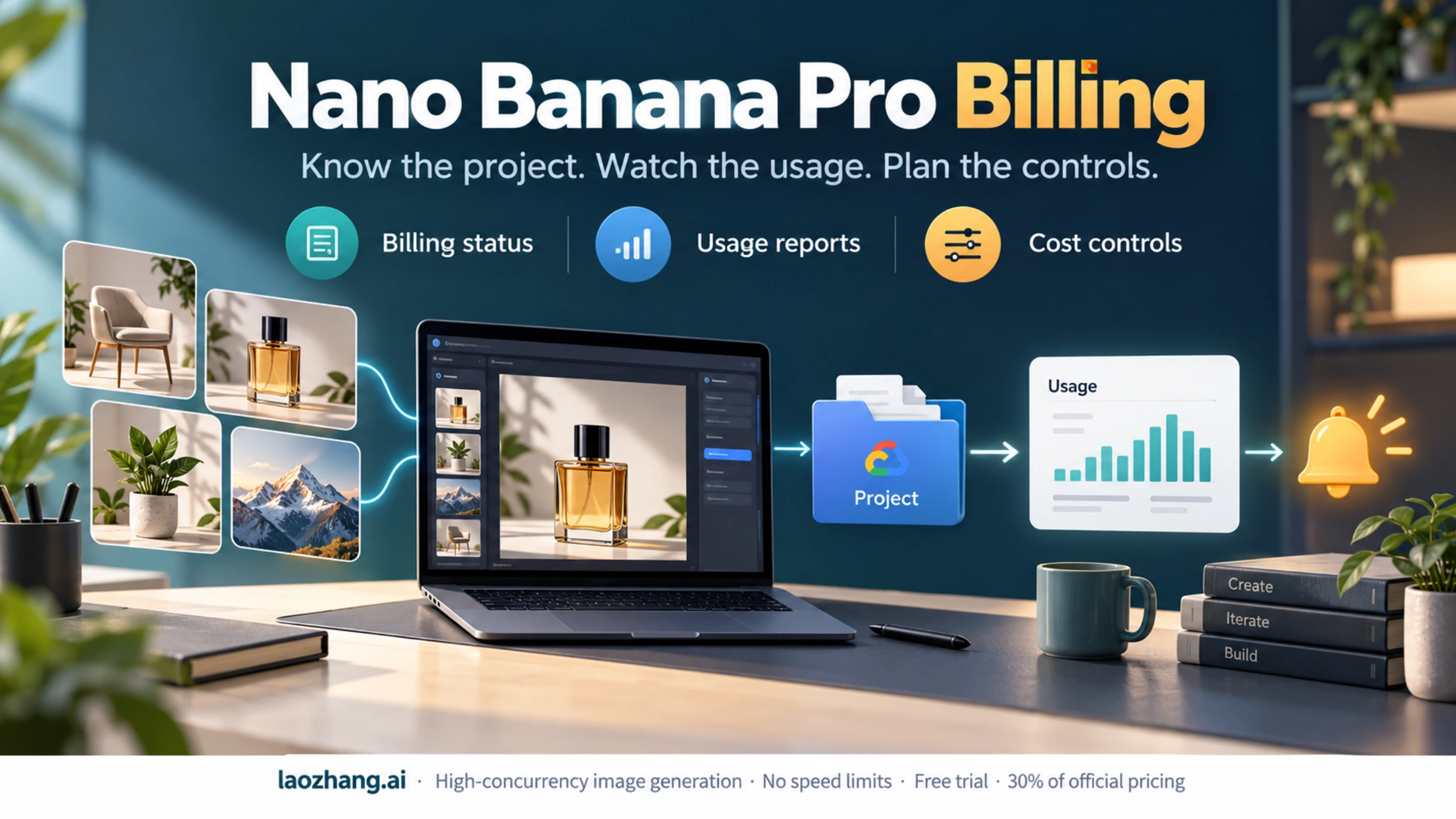 Image generation workstation connected to project billing, usage reports, and cost-control notifications