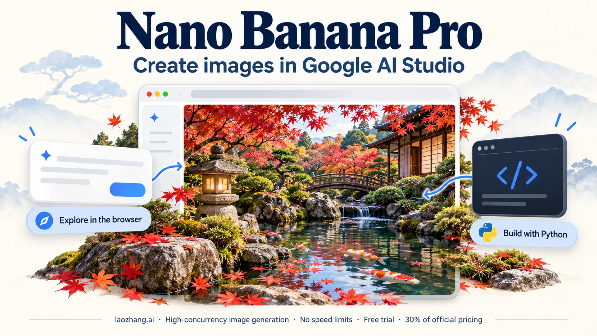 Illustration of an autumn garden image with Google AI Studio browser and Python creation paths
