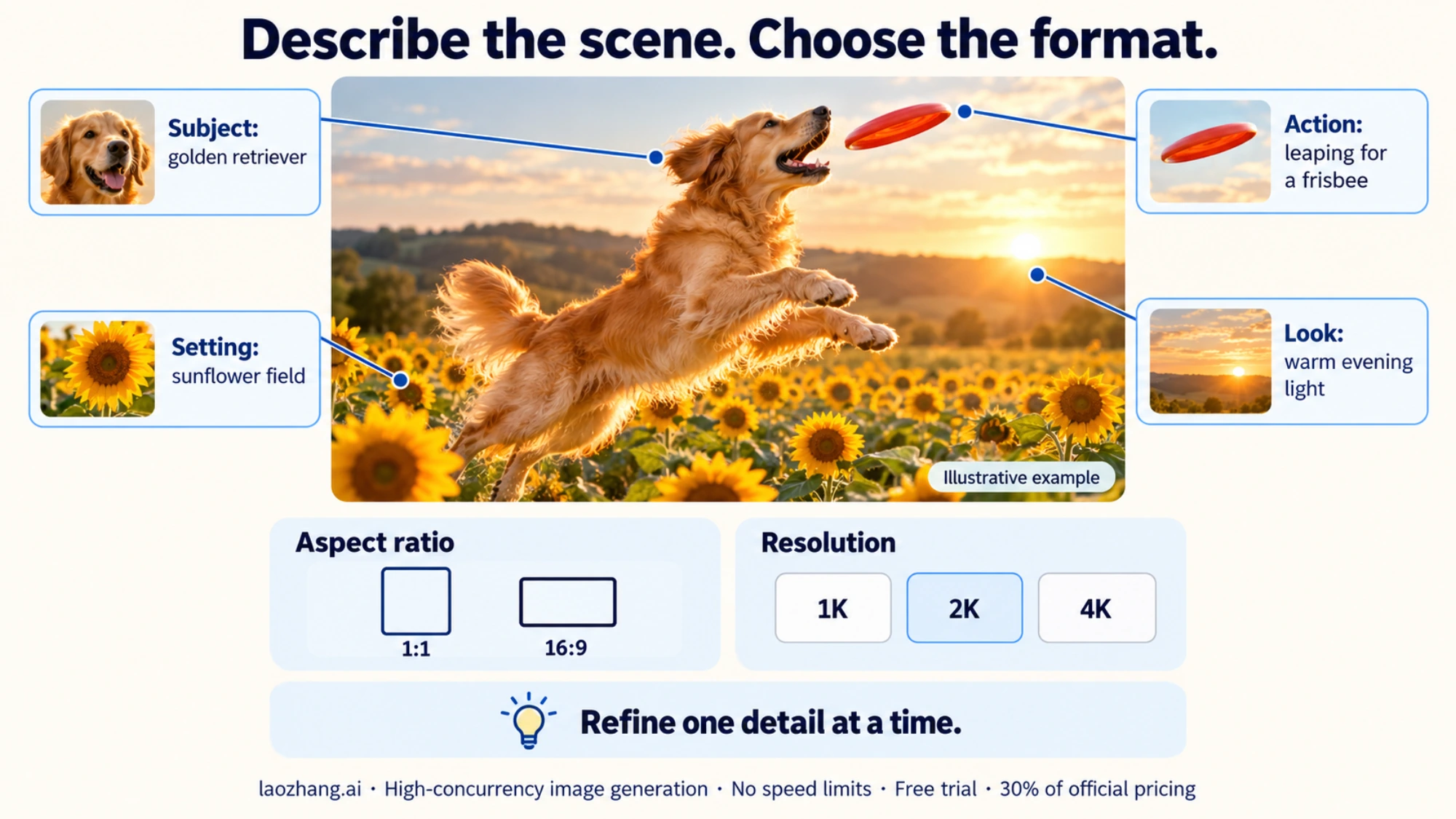 Golden retriever image annotated with subject, action, setting and lighting, alongside aspect ratio and resolution choices
