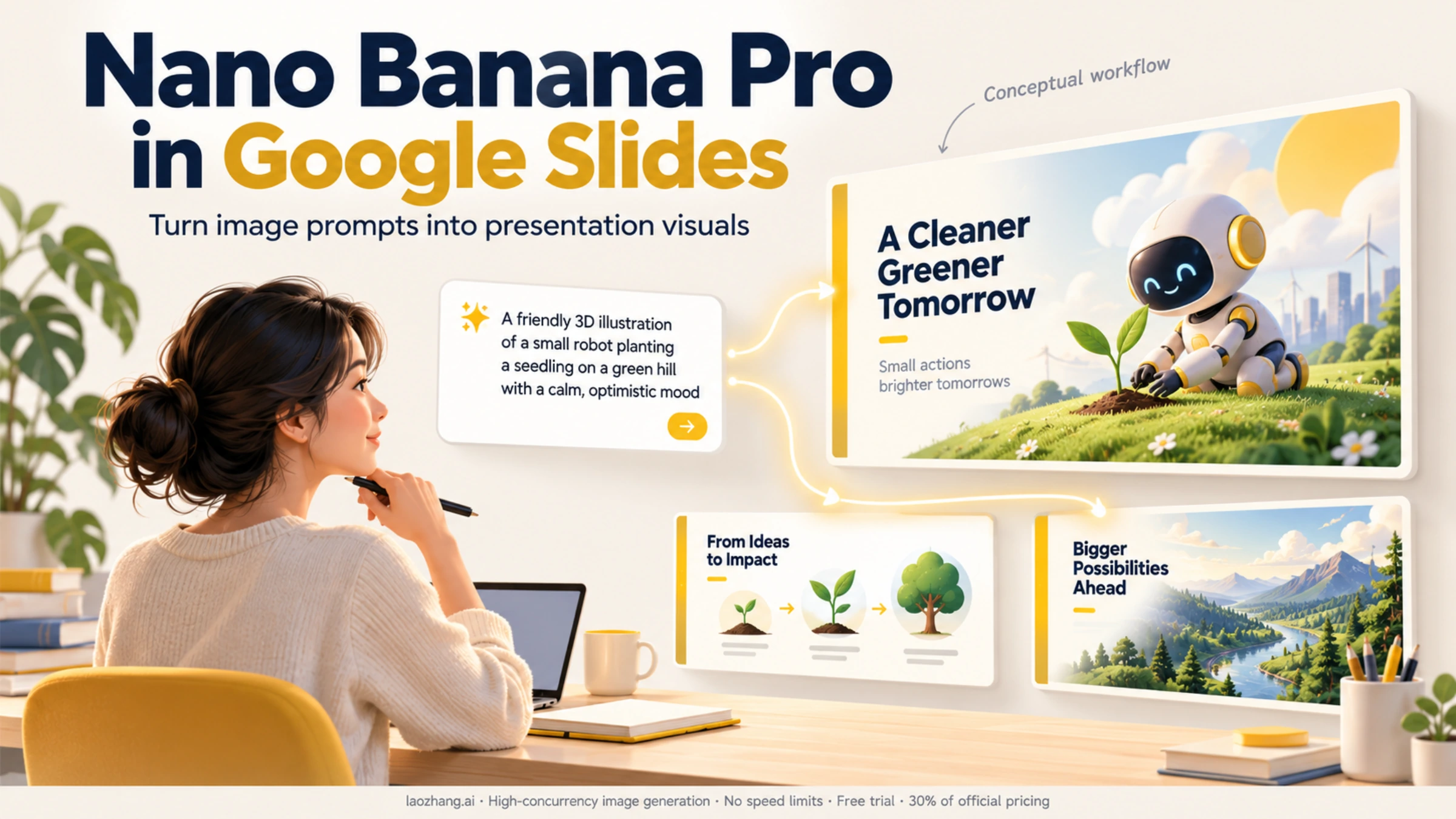 Illustration of a text prompt becoming image-rich presentation slides with Nano Banana Pro in Google Slides