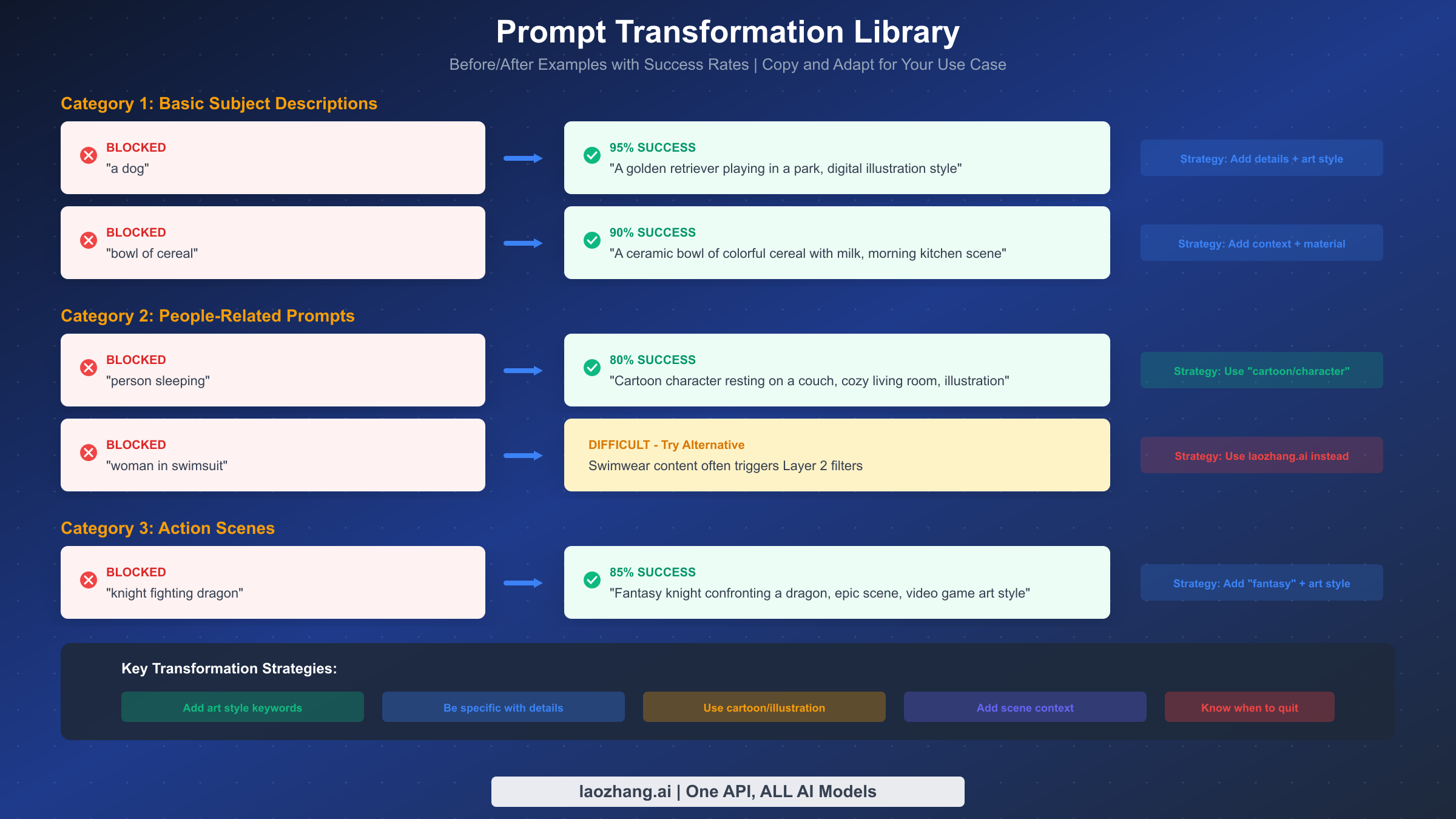 Prompt transformation examples with before/after and success rates