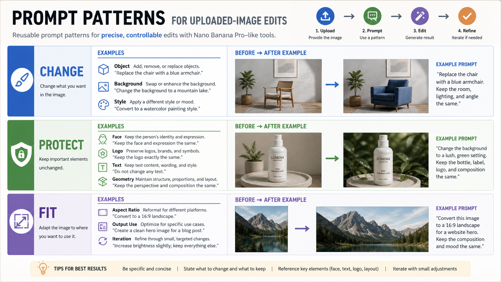 Prompt pattern board for uploaded-image edits